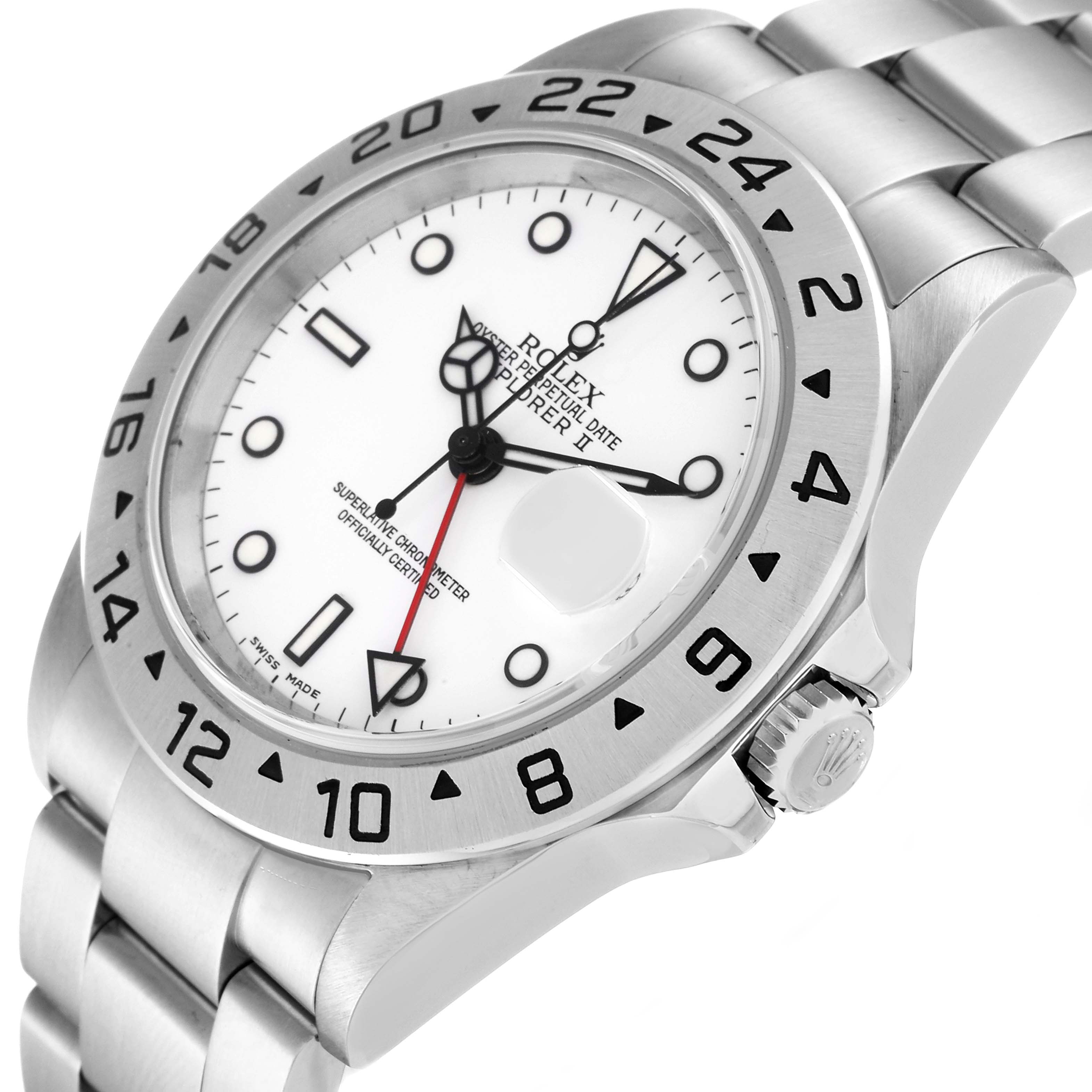 The image shows a front-angle shot of the Rolex Explorer 16570 Men
s Stainless Steel White Dial 16570 Men
s Stainless Steel White Dial watch, highlighting the bezel, dial, hands, and part of the bracelet.