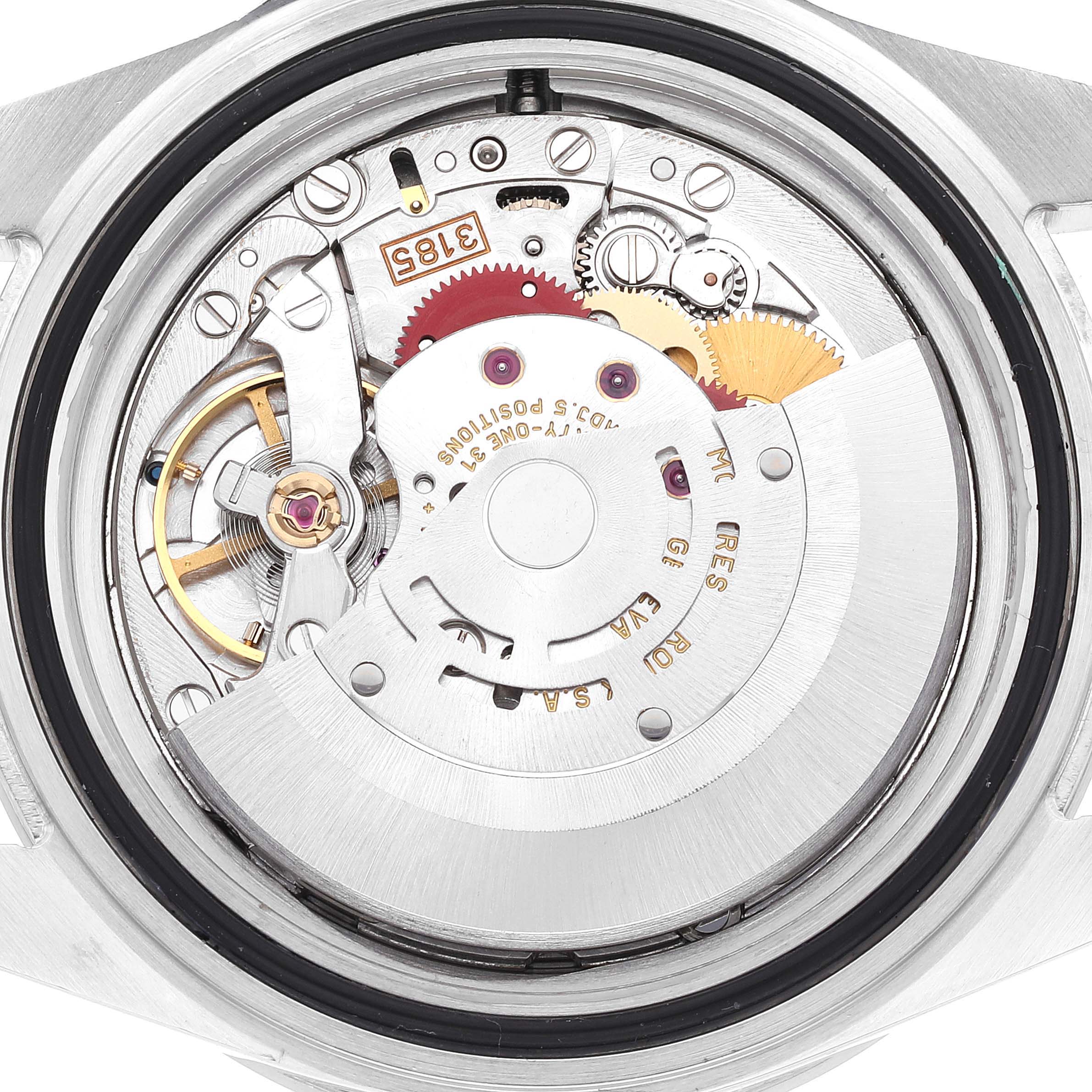The image shows a close-up, interior view of the movement mechanism of a Rolex Explorer 16570 Men
s Stainless Steel White Dial 16570 Men
s Stainless Steel White Dial watch.