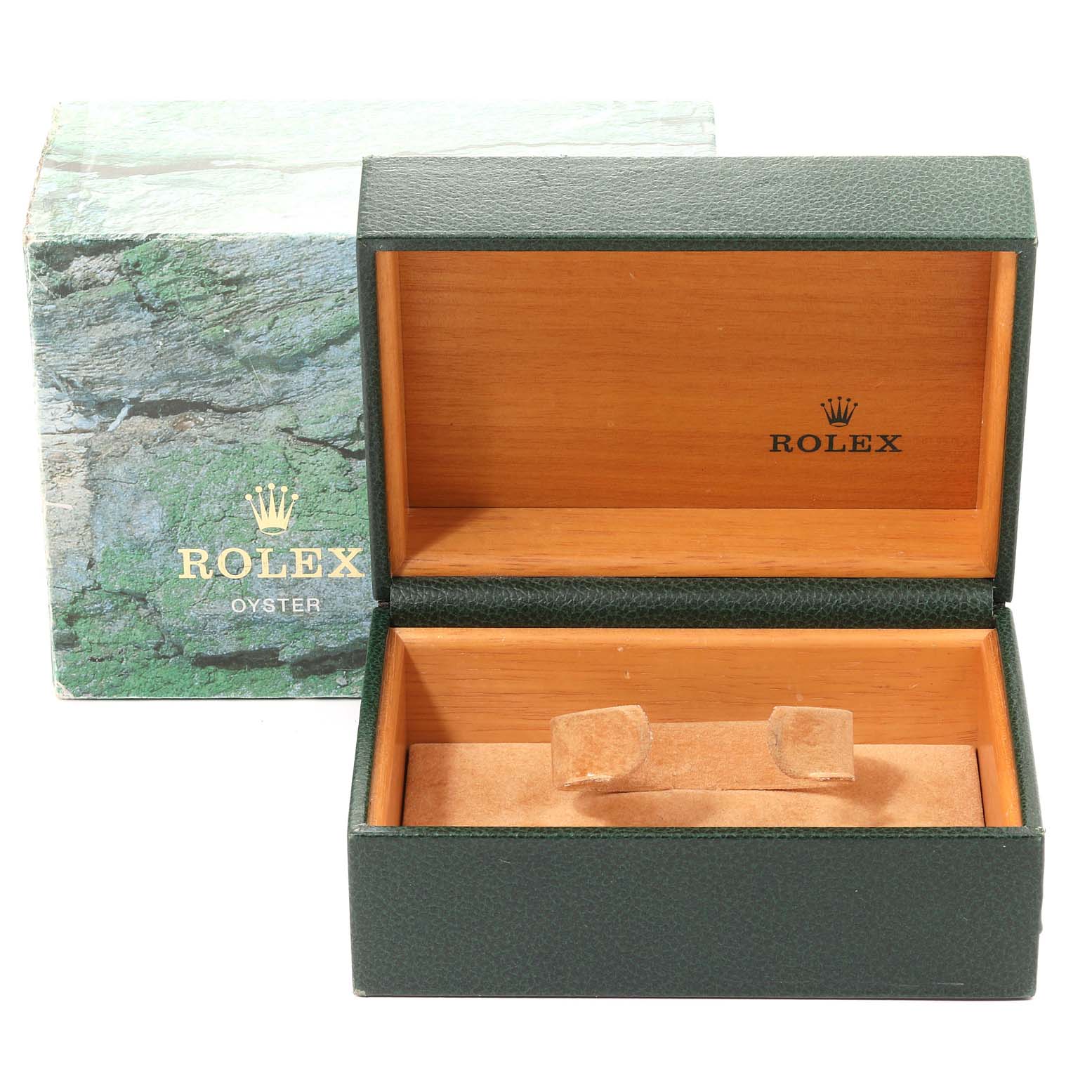 The image shows an open Rolex Explorer 16570 Men
s Stainless Steel Black Dial 16570 Men
s Stainless Steel Black Dial watch box and its exterior packaging at a straight-on angle.