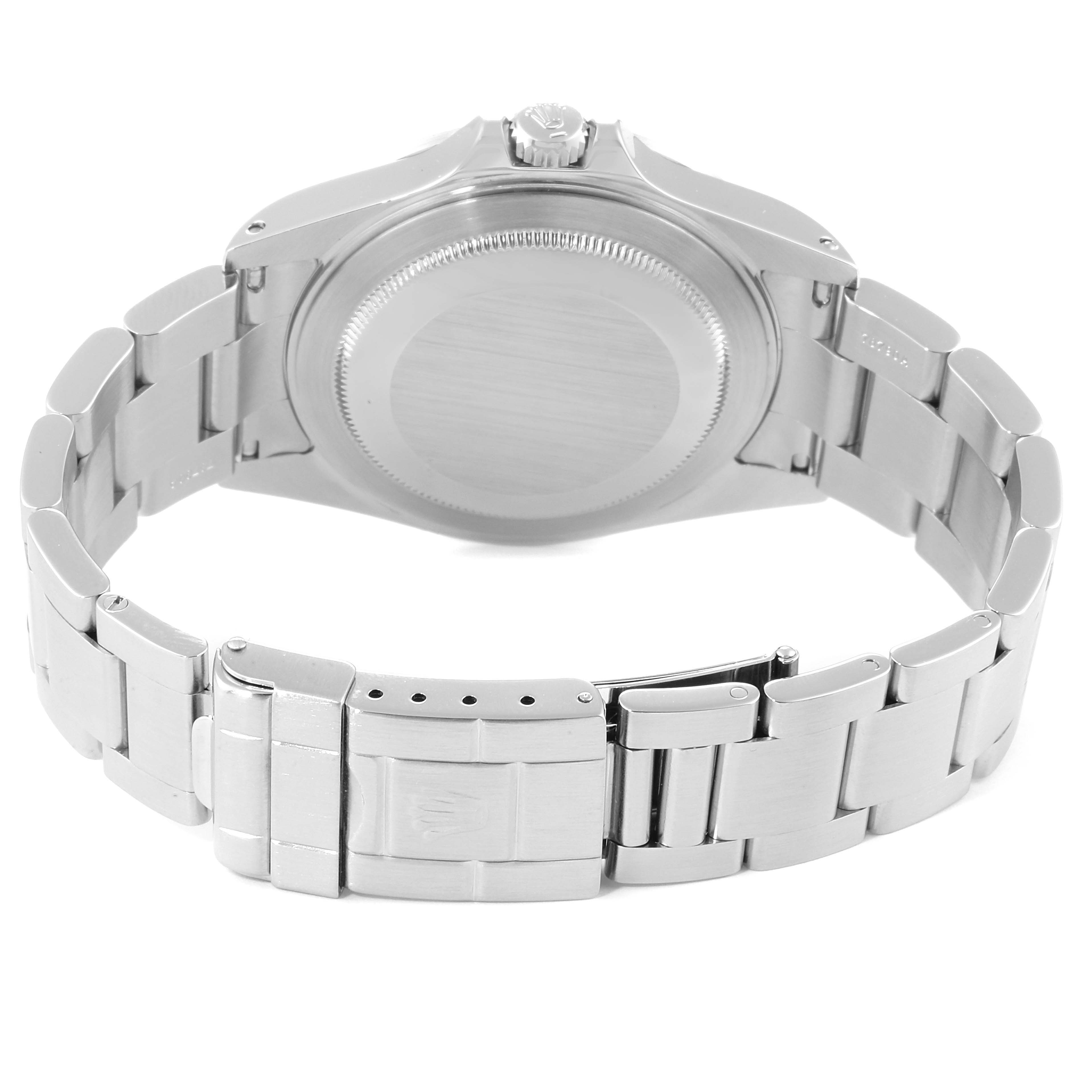 The image shows the back view of a Rolex Explorer 16570 Men
s Stainless Steel Black Dial 16570 Men
s Stainless Steel Black Dial watch, focusing on its closed clasp and stainless steel bracelet.