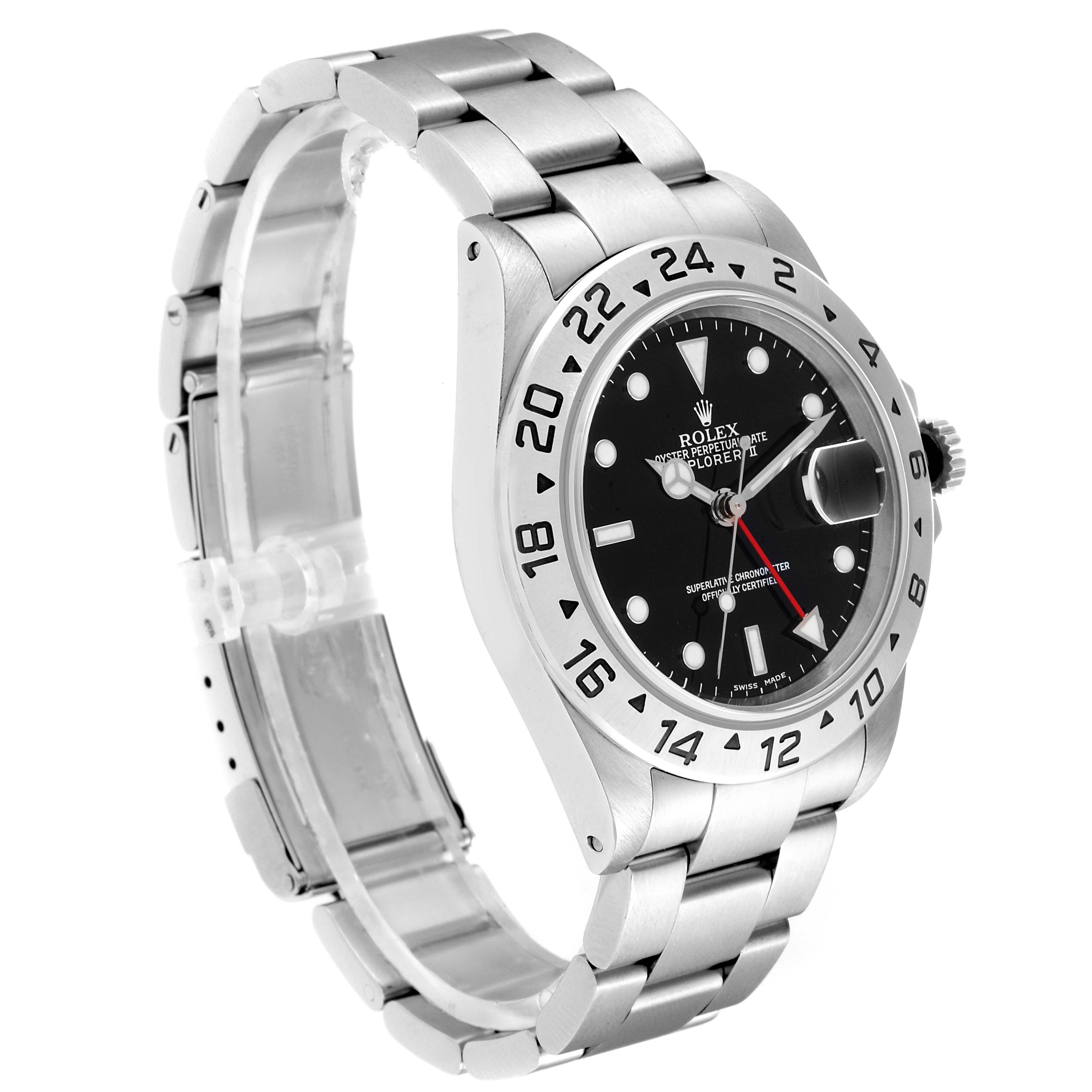 Side view of the Rolex Explorer 16570 Men
s Stainless Steel Black Dial 16570 Men
s Stainless Steel Black Dial watch showing the bracelet, bezel, dial, and crown.