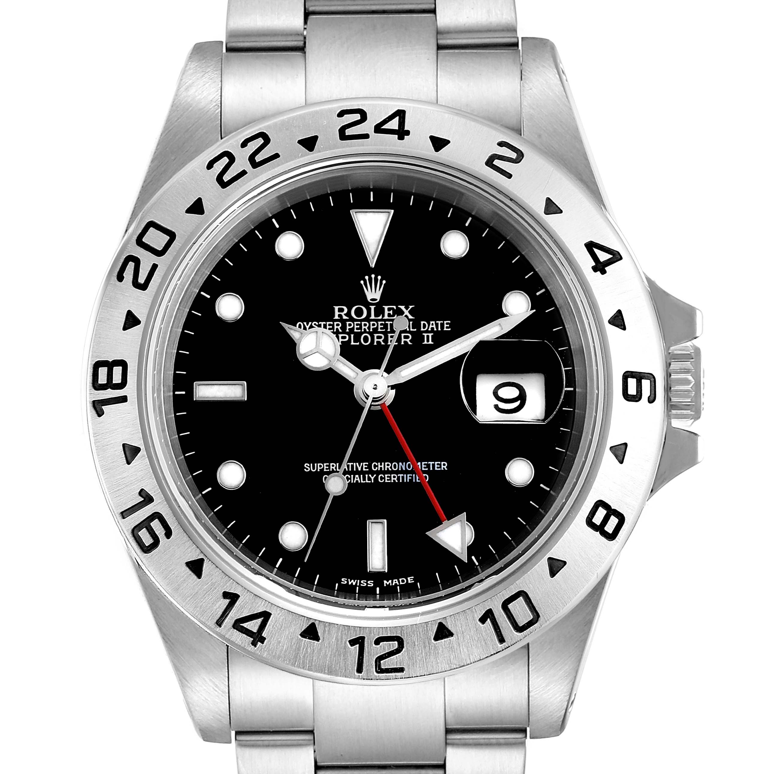 The image shows a front view of a Rolex Explorer 16570 Men
s Stainless Steel Black Dial 16570 Men
s Stainless Steel Black Dial watch, highlighting the bezel, dial, hands, and date window.