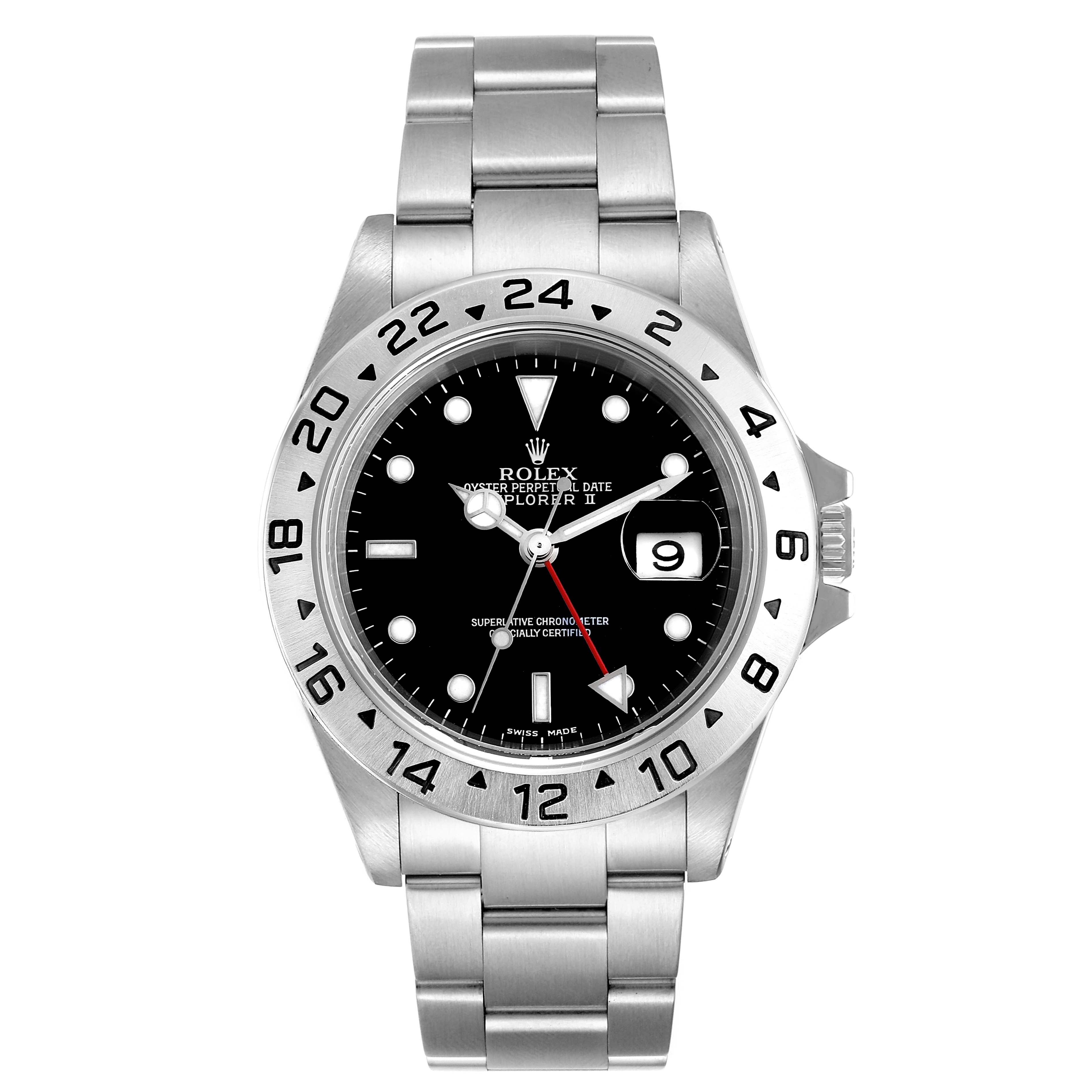 The Rolex Explorer 16570 Men
s Stainless Steel Black Dial 16570 Men
s Stainless Steel Black Dial watch is shown from the front, displaying the dial, hands, bezel, case, and bracelet.