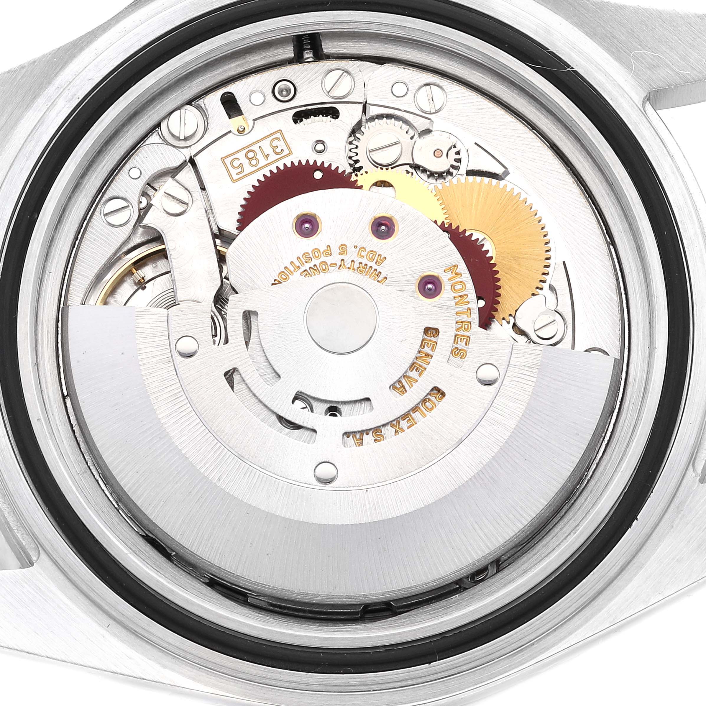 The image shows the back view of a Rolex Explorer 16570 Men's Stainless Steel Black Dial 16570 Men's Stainless Steel Black Dial watch, specifically the movement and internal mechanical parts.