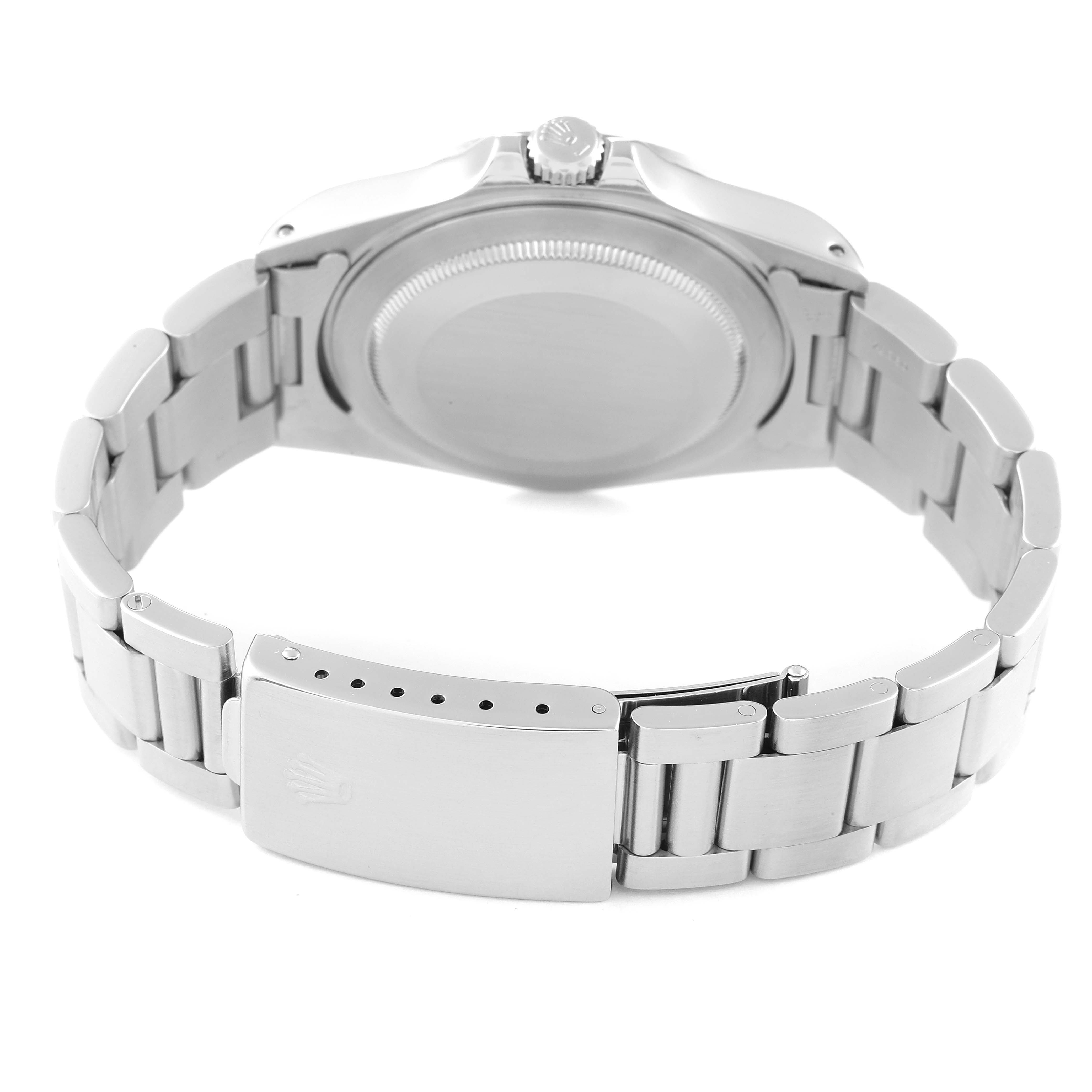 The image shows the back view of a Rolex Explorer 16570 Men's Stainless Steel Black Dial 16570 Men's Stainless Steel Black Dial watch, featuring the case back and bracelet clasp.