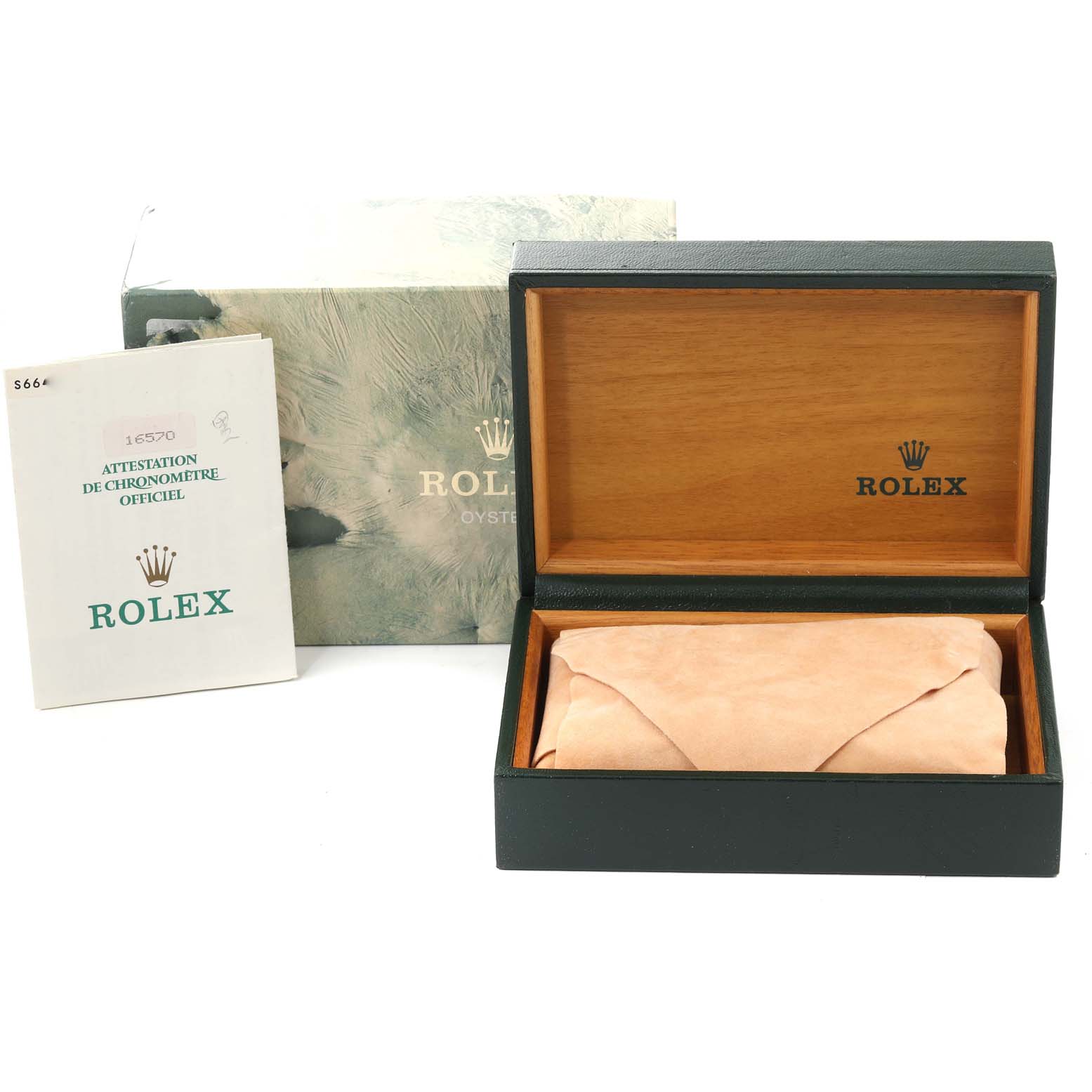 The image shows a Rolex Explorer 16570 Men's Stainless Steel Black Dial 16570 Men's Stainless Steel Black Dial watch box and certificate from a front angle, with the watch box open and displayed.