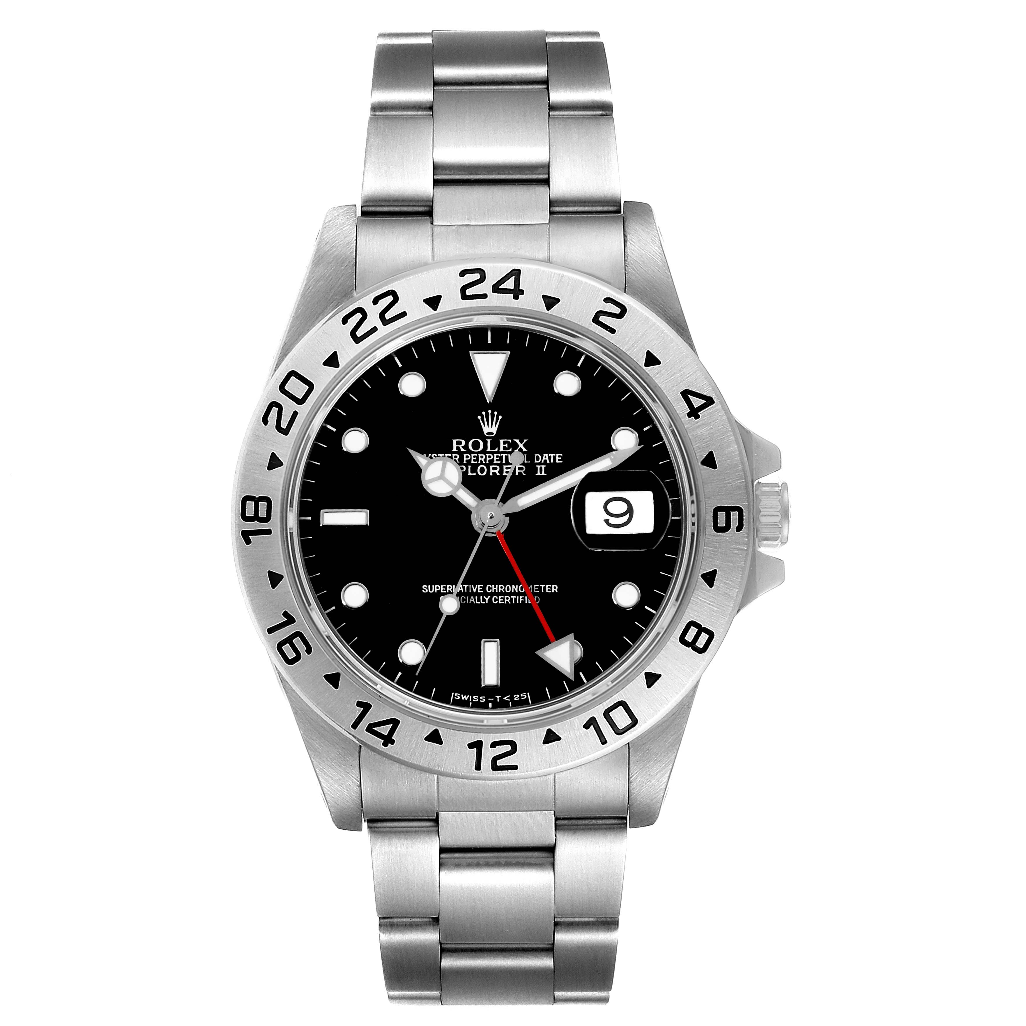 The image shows a front angle of a Rolex Explorer 16570 Men's Stainless Steel Black Dial 16570 Men's Stainless Steel Black Dial watch, highlighting its face, bezel, and bracelet.