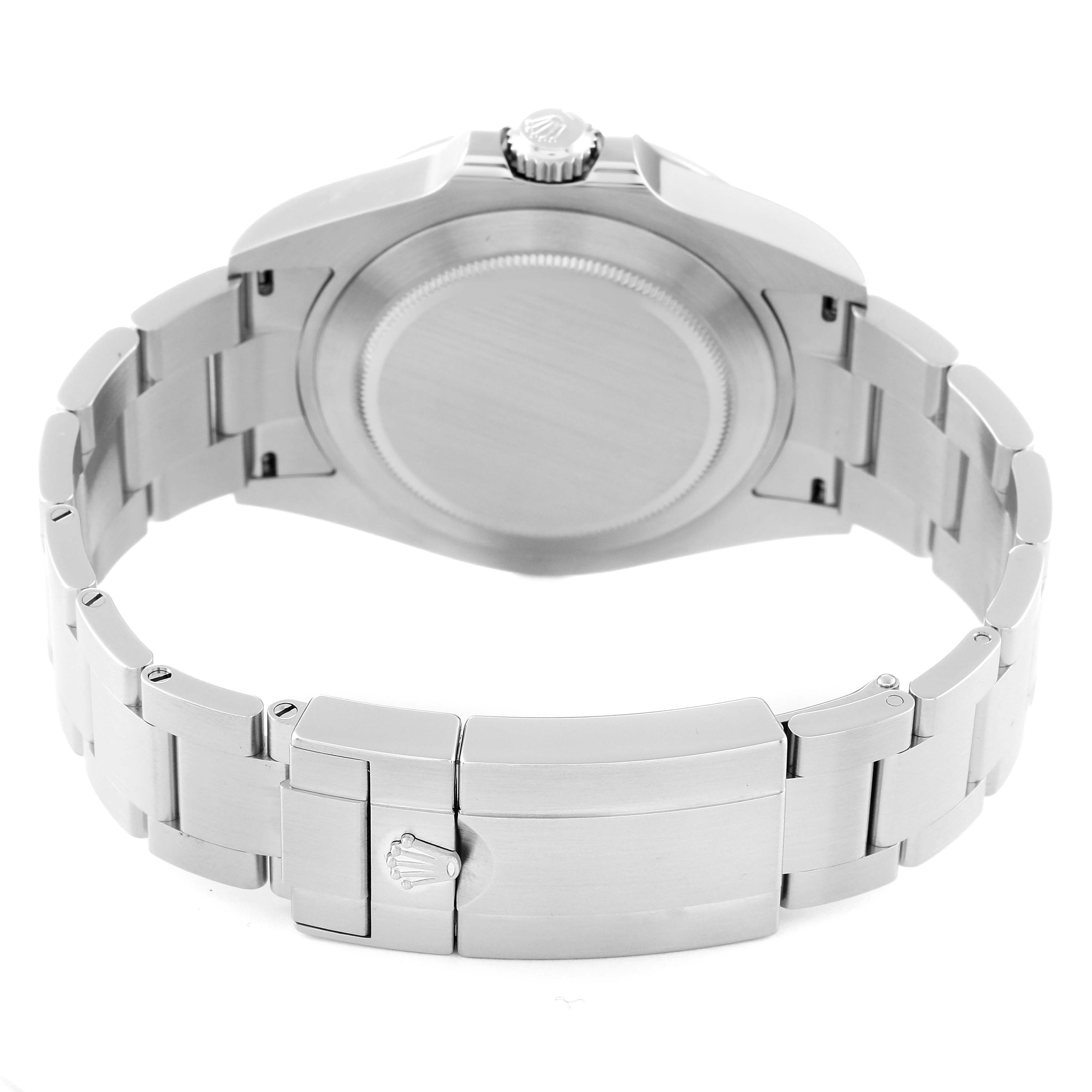 The image shows the back view of a Rolex Explorer 226570 Men
s Stainless Steel White Dial 226570 Men
s Stainless Steel White Dial watch, highlighting its bracelet, clasp, and case back.