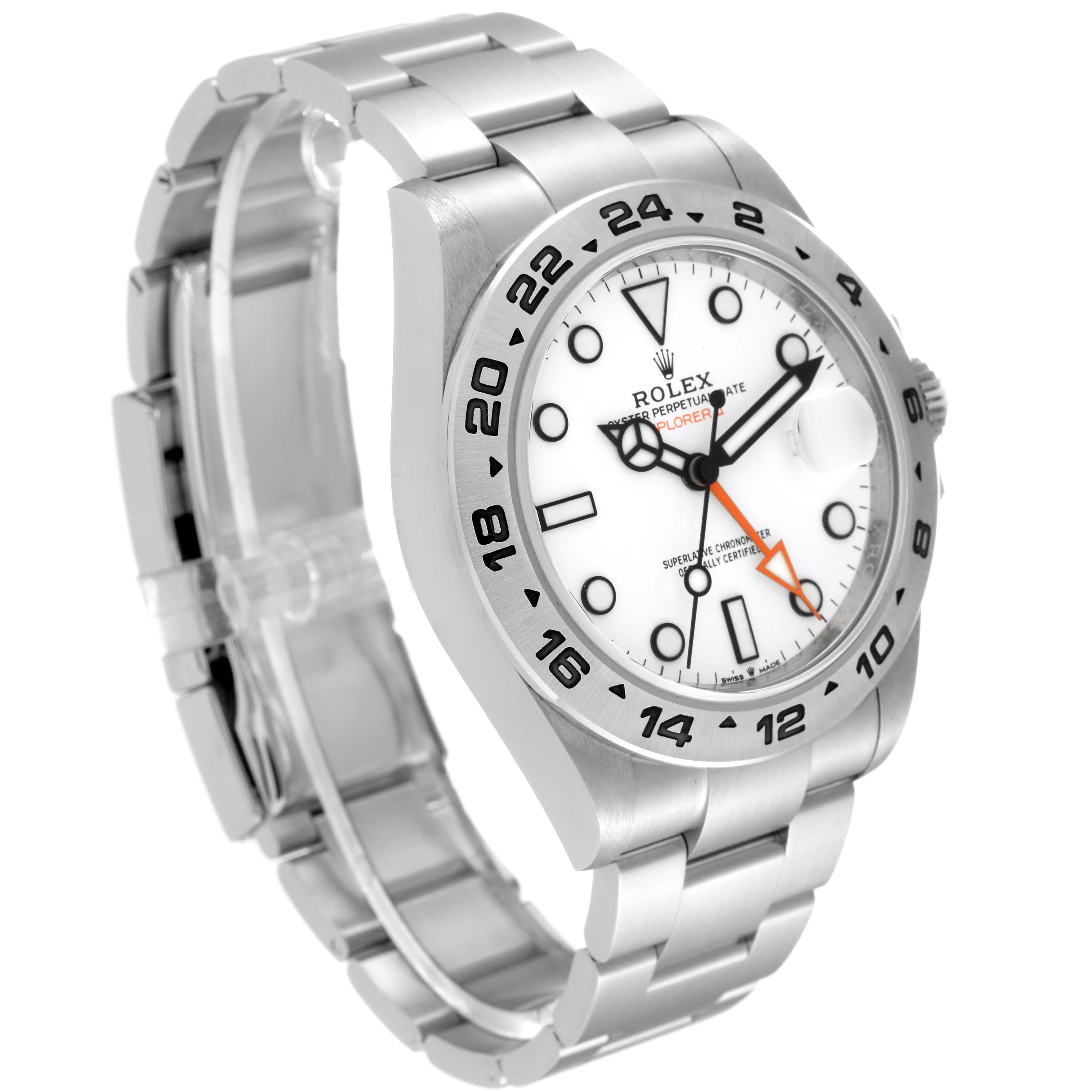 This image shows a Rolex Explorer 226570 Men
s Stainless Steel White Dial 226570 Men
s Stainless Steel White Dial watch at a three-quarter angle, highlighting the bracelet, bezel, and face with hour, minute, and second hands.