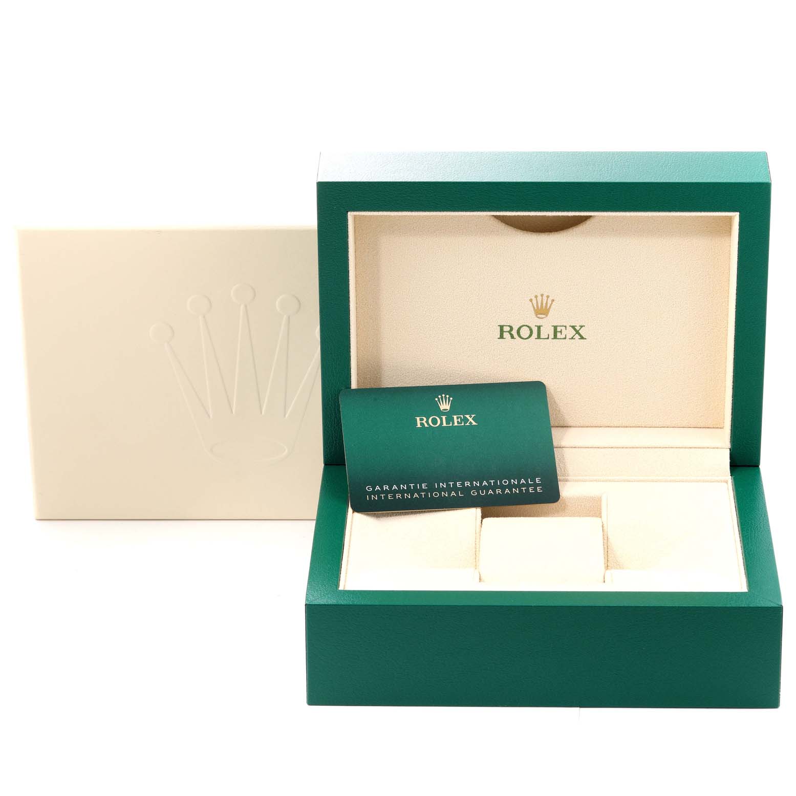 The image shows the open box and guarantee card for a Rolex Explorer 226570 Men
s Stainless Steel White Dial 226570 Men
s Stainless Steel White Dial model watch.