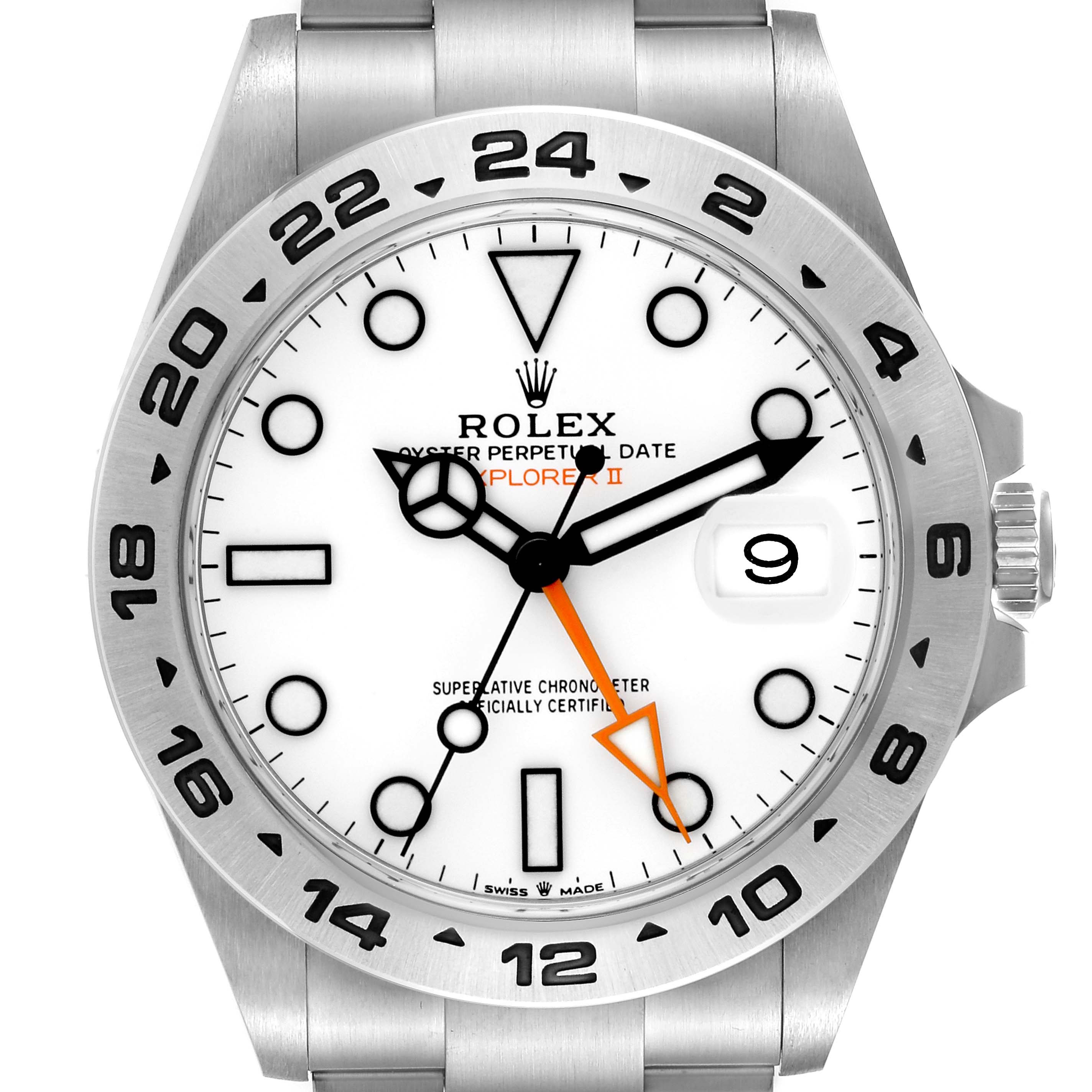The image shows a front view of the Rolex Explorer 226570 Men
s Stainless Steel White Dial 226570 Men
s Stainless Steel White Dial watch, highlighting the dial, hour markers, hands, date window, and bezel.