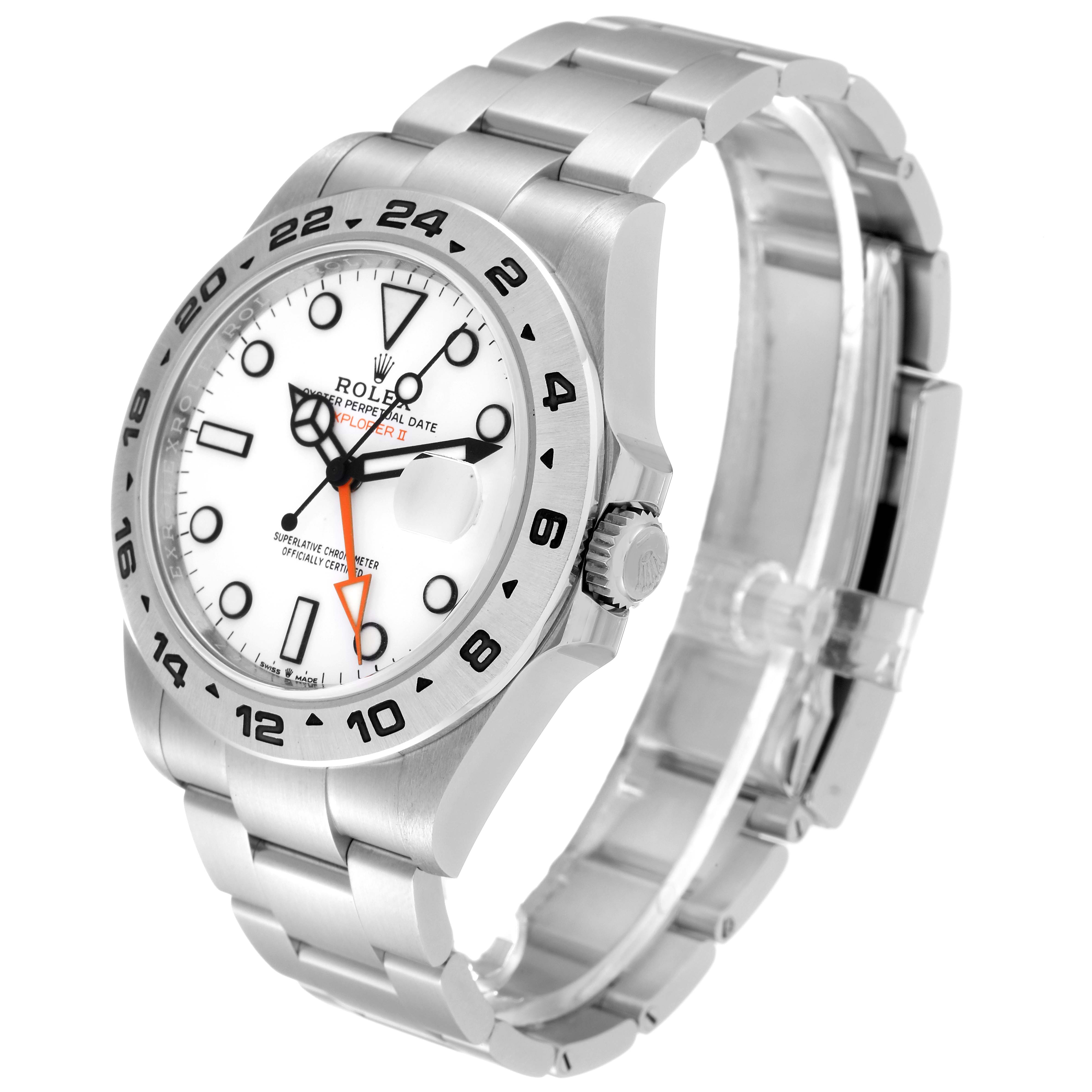 The image shows a Rolex Explorer 226570 Men
s Stainless Steel White Dial 226570 Men
s Stainless Steel White Dial model watch at a slight side angle, highlighting the face, bezel, crown, and bracelet.