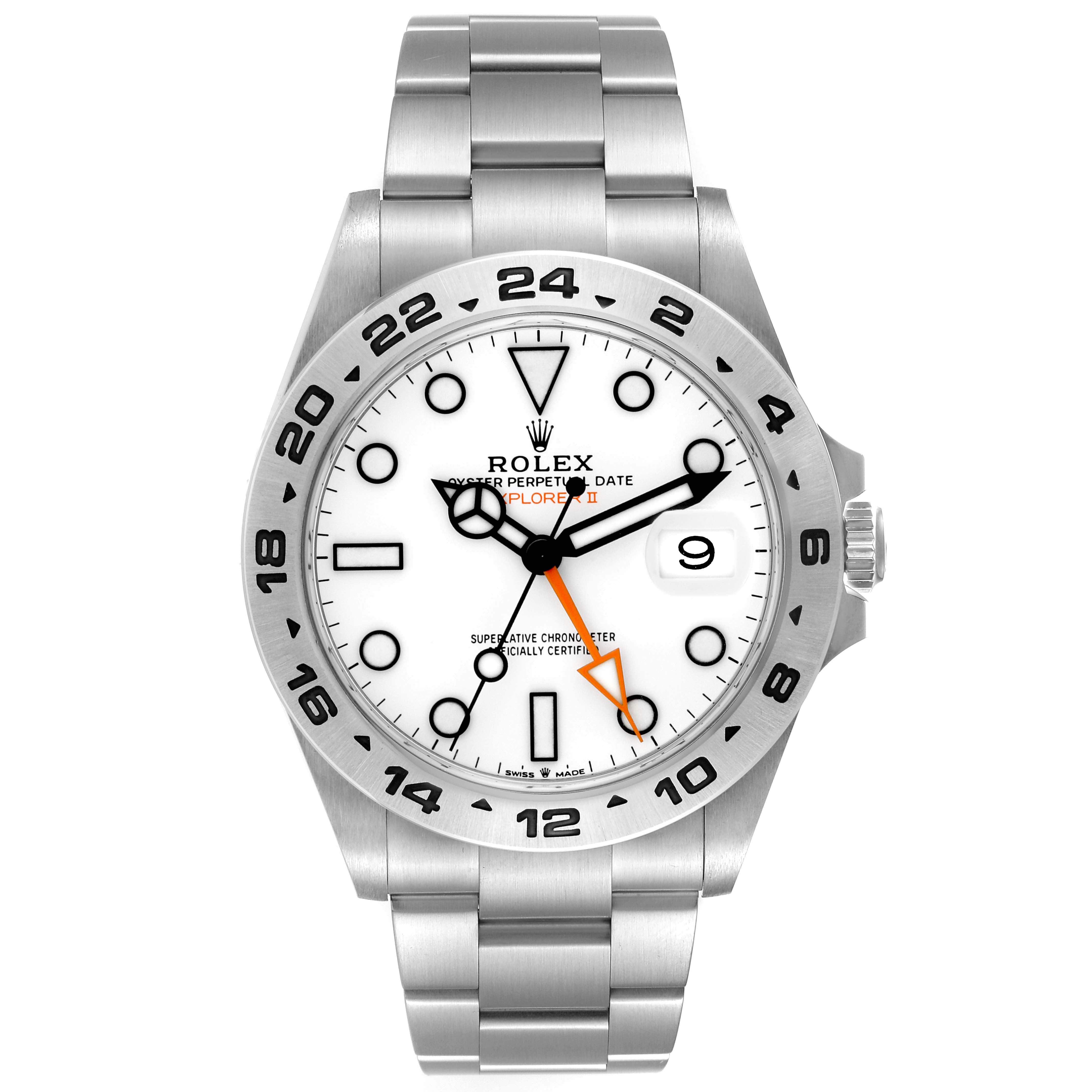 The image shows a front view of a Rolex Explorer 226570 Men
s Stainless Steel White Dial 226570 Men
s Stainless Steel White Dial watch, displaying its face, bezel, and bracelet.