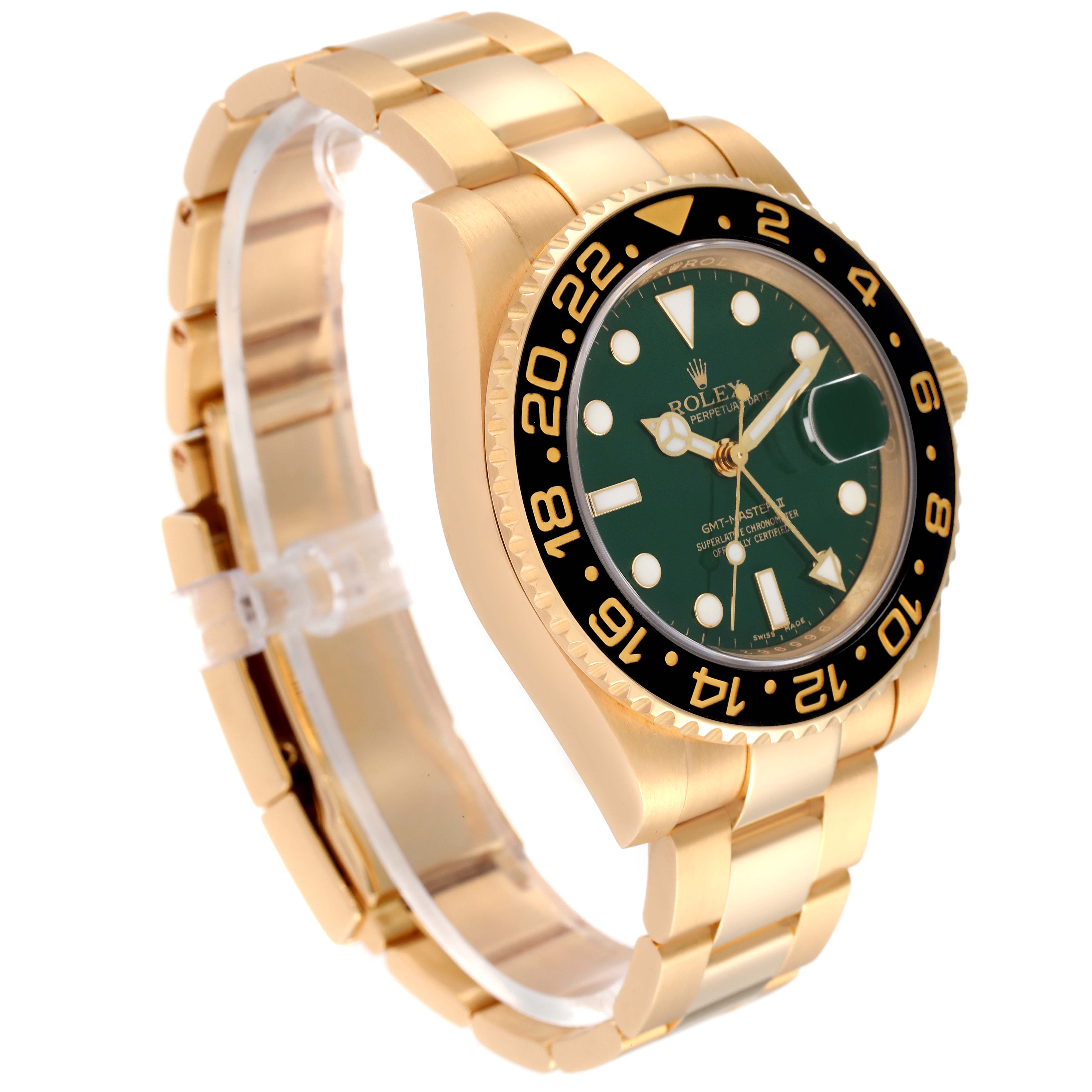 This image shows a Rolex GMT-Master 116718 Men's Yellow Gold Green Dial 116718 Men's Yellow Gold Green Dial watch at a diagonal angle, highlighting the gold case, green dial, and black bezel.