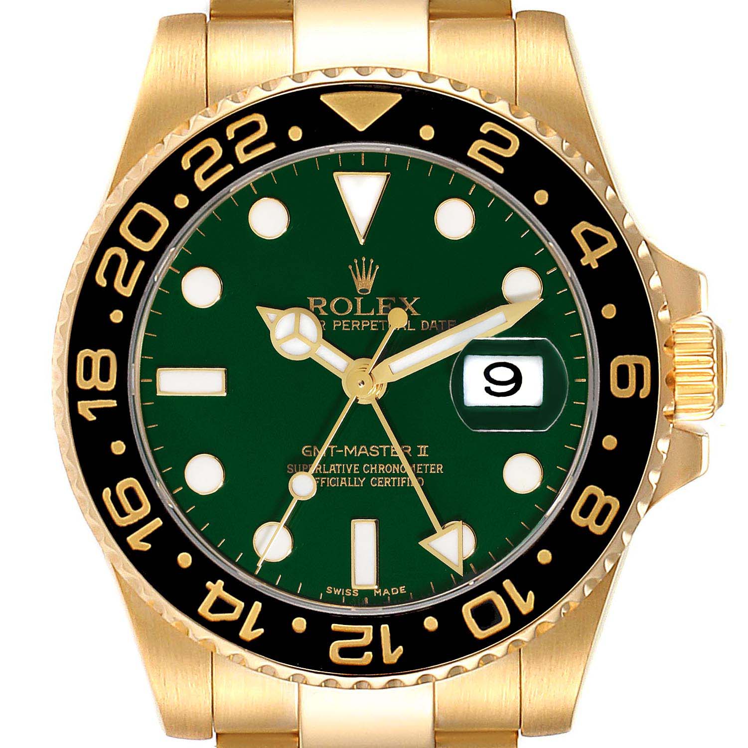 The image shows a close-up view of the Rolex GMT-Master 116718 Men's Yellow Gold Green Dial 116718 Men's Yellow Gold Green Dial II watch, highlighting the face, bezel, and part of the bracelet.