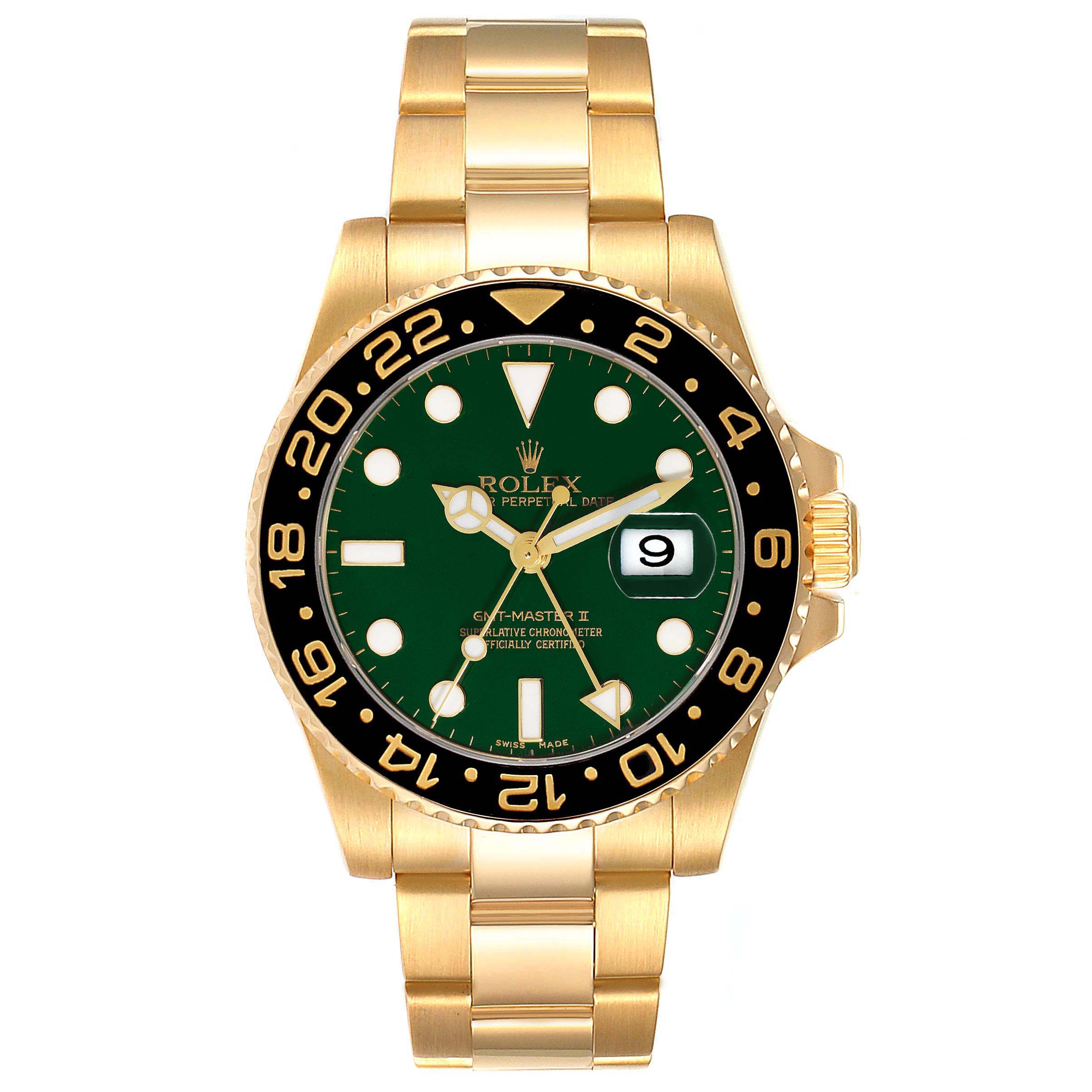 This image shows a front view of a Rolex GMT-Master 116718 Men's Yellow Gold Green Dial 116718 Men's Yellow Gold Green Dial watch, highlighting its gold bracelet, green dial, and black bezel.