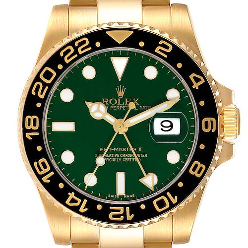 Photo of Rolex GMT Master II 18K Yellow Gold Green Dial Mens Watch 116718