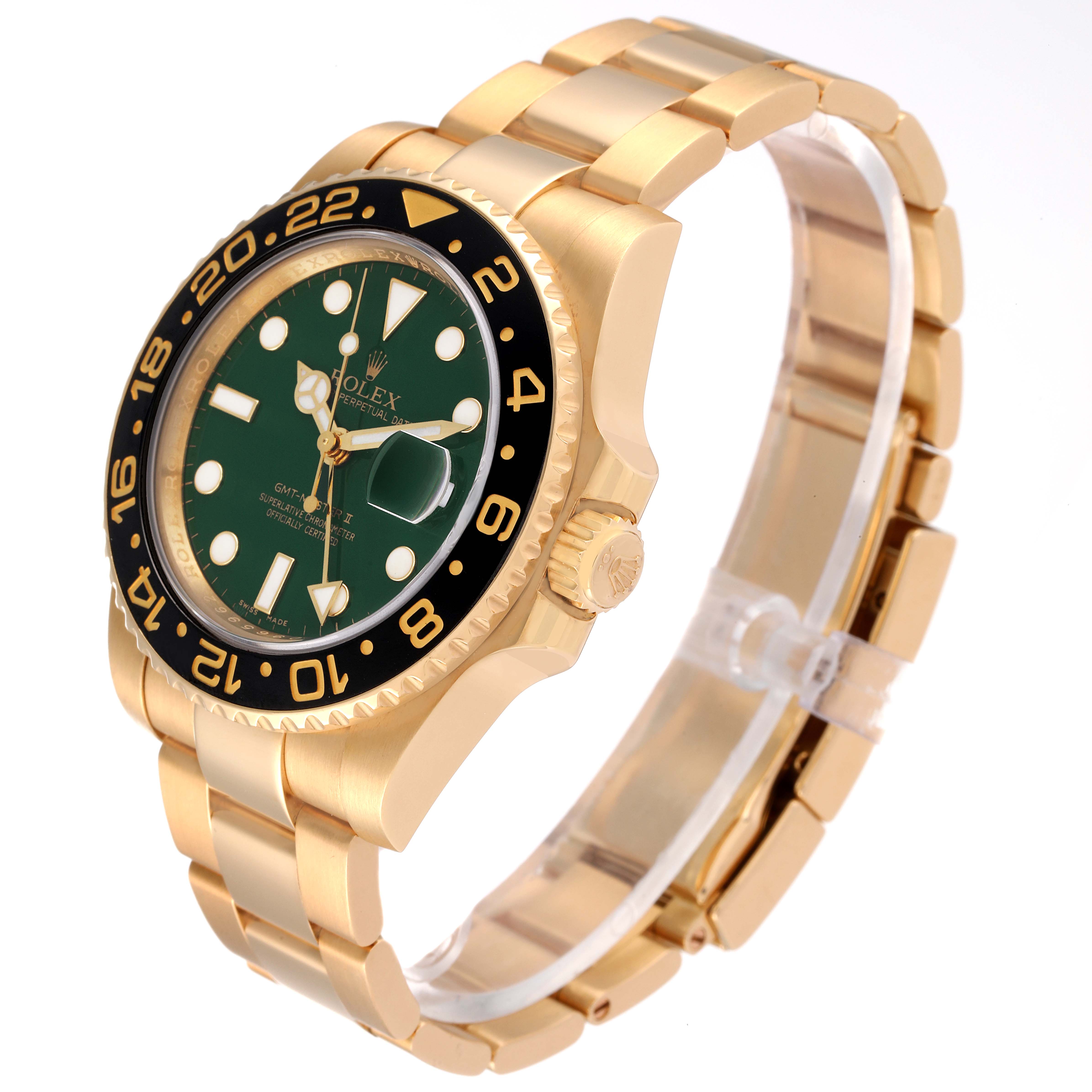 The Rolex GMT-Master 116718 Men's Yellow Gold Green Dial 116718 Men's Yellow Gold Green Dial watch is shown at a three-quarter angle, highlighting the green dial, bezel, and gold bracelet.