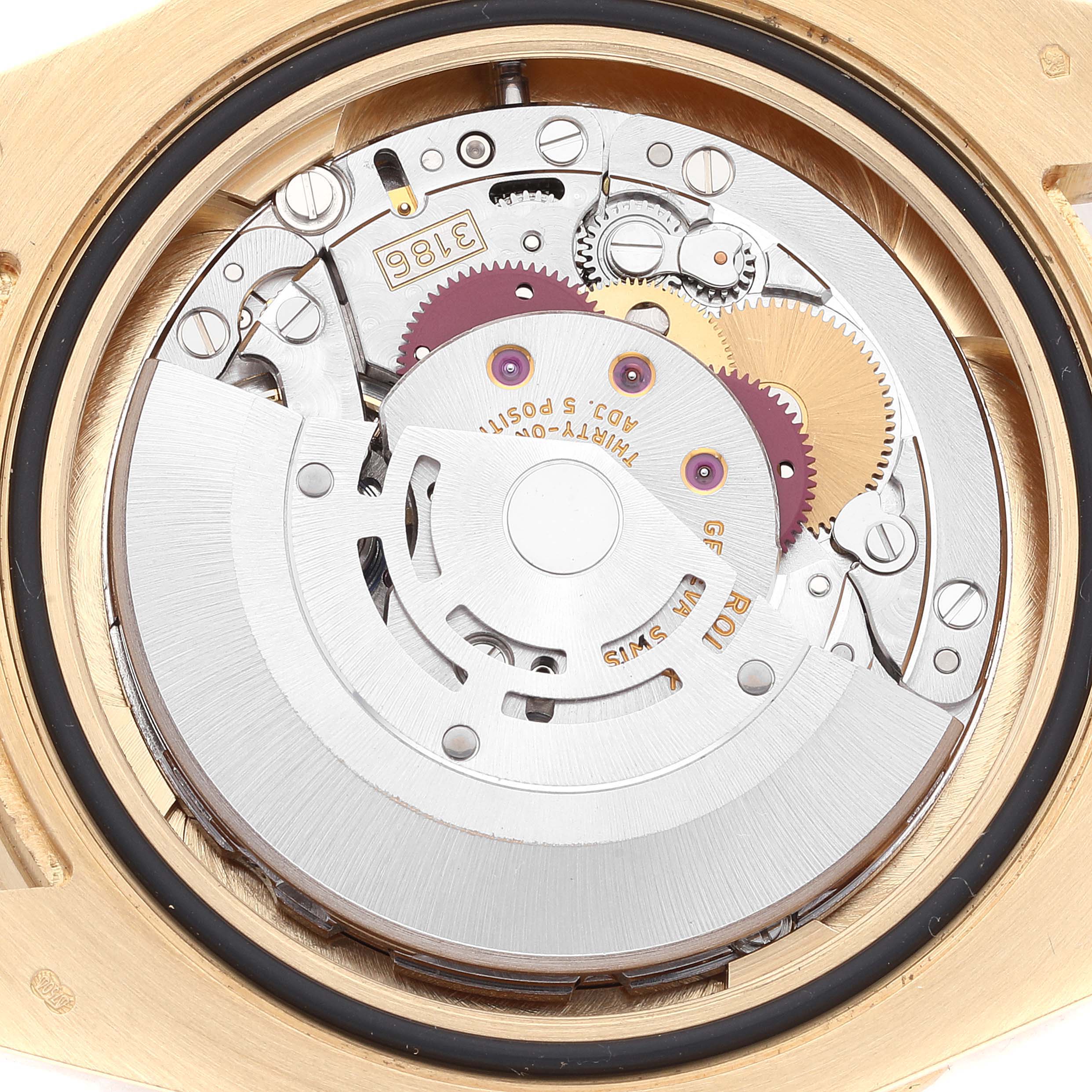 This image shows the internal movement mechanism of a Rolex GMT-Master 116718 Men's Yellow Gold Green Dial 116718 Men's Yellow Gold Green Dial watch from a top-down angle.