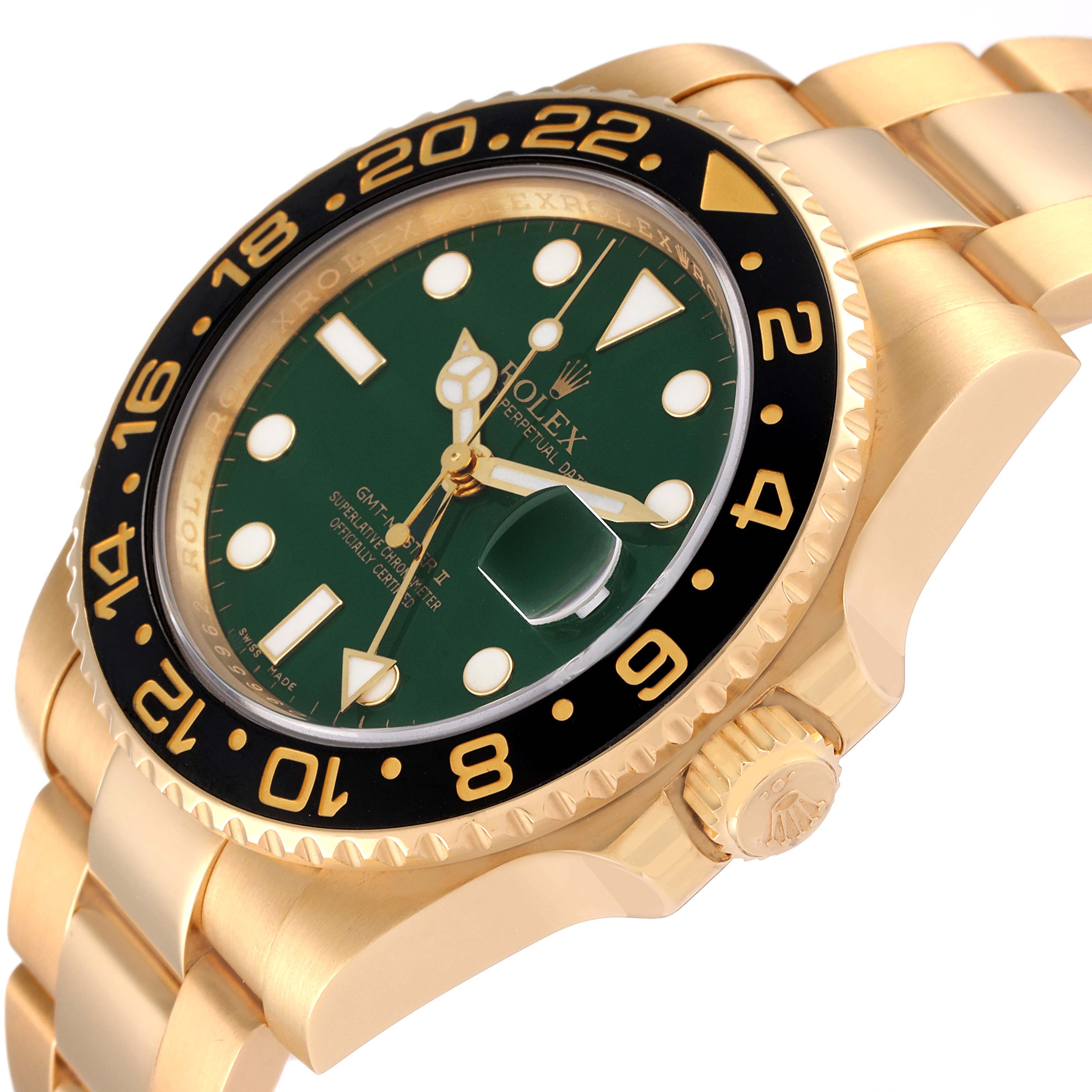 The image shows a Rolex GMT-Master 116718 Men's Yellow Gold Green Dial 116718 Men's Yellow Gold Green Dial watch at an angled side view, highlighting its green dial, gold case, and black bezel.