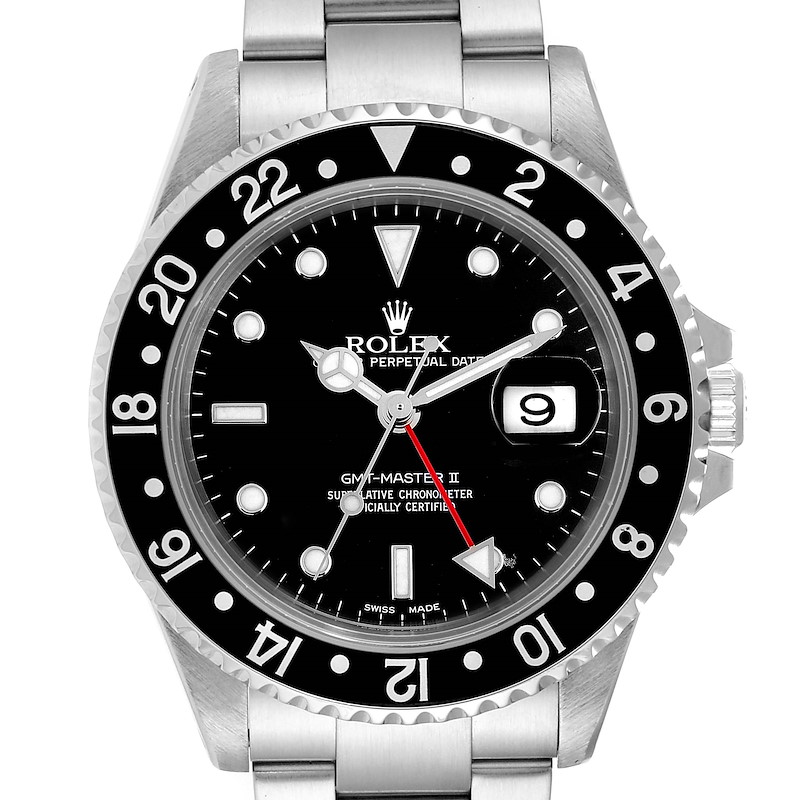 Rolex GMT Master II Black Bezel Red Hand Steel Mens Watch 16710 SwissWatchExpo