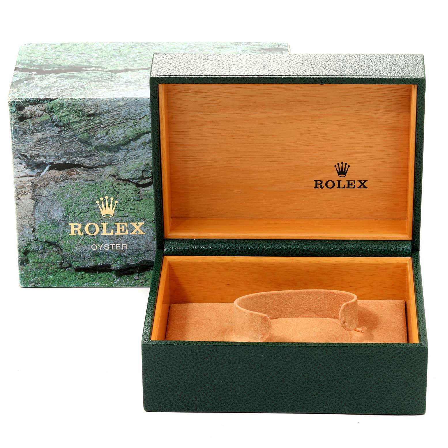 The image shows an open green Rolex GMT-Master 16710 Men's Stainless Steel Black Dial 16710 Men's Stainless Steel Black Dial watch box with a wood interior and an outer cardboard box.