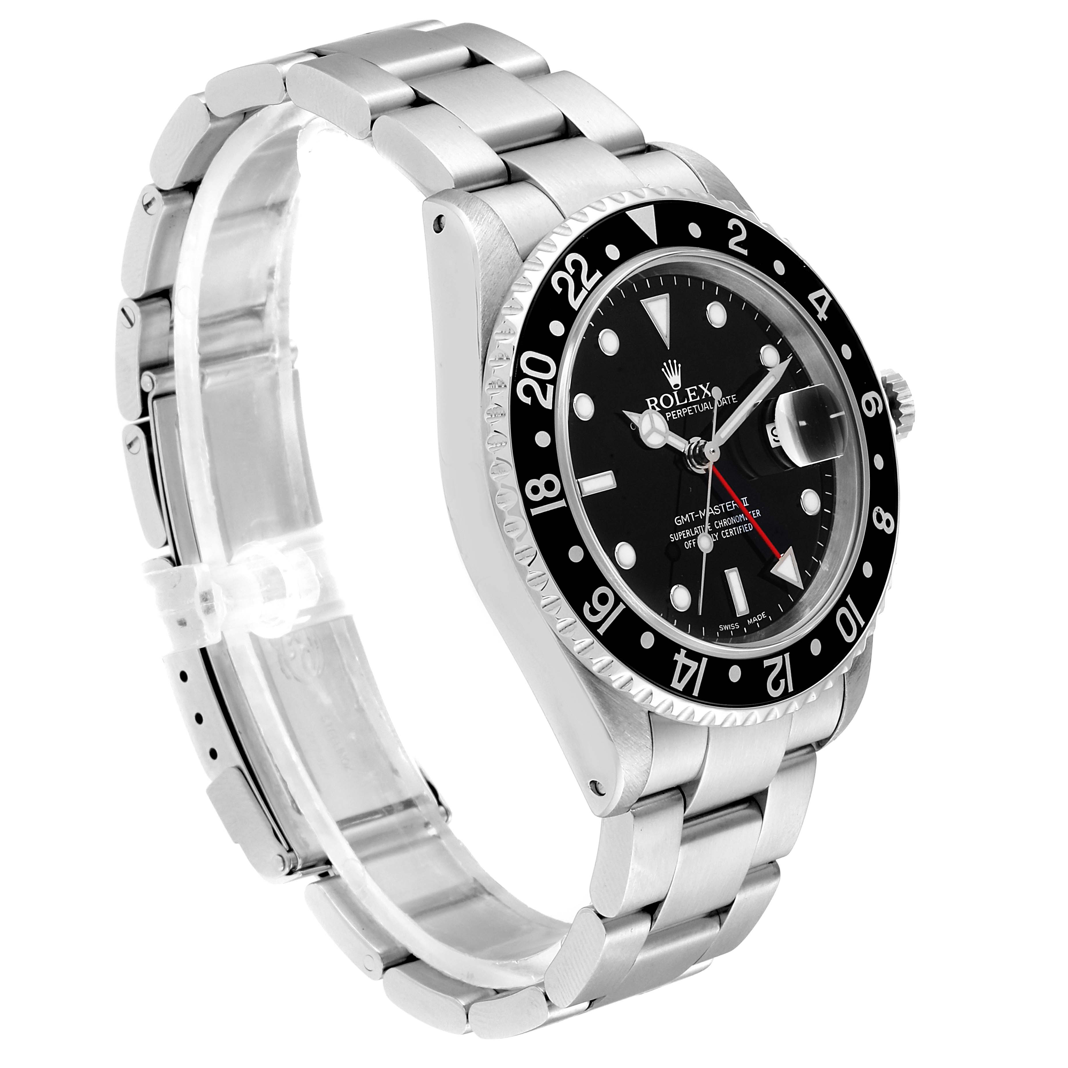 The Rolex GMT-Master 16710 Men's Stainless Steel Black Dial 16710 Men's Stainless Steel Black Dial watch is shown from a three-quarter angle, displaying its dial, bezel, and bracelet.
