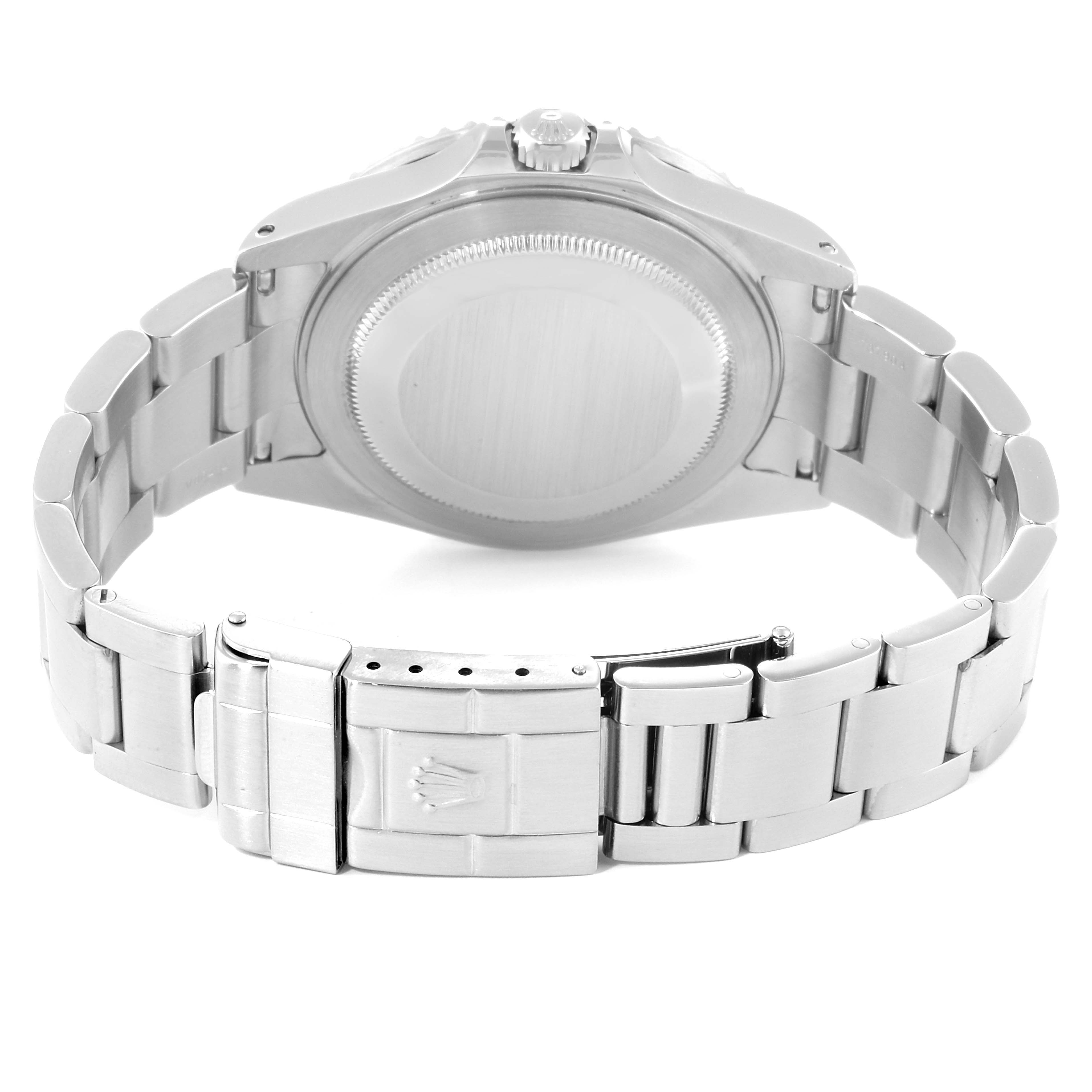 The image shows the back view of the Rolex GMT-Master 16710 Men's Stainless Steel Black Dial 16710 Men's Stainless Steel Black Dial watch, highlighting its stainless steel case and bracelet with the Rolex crown on the clasp.