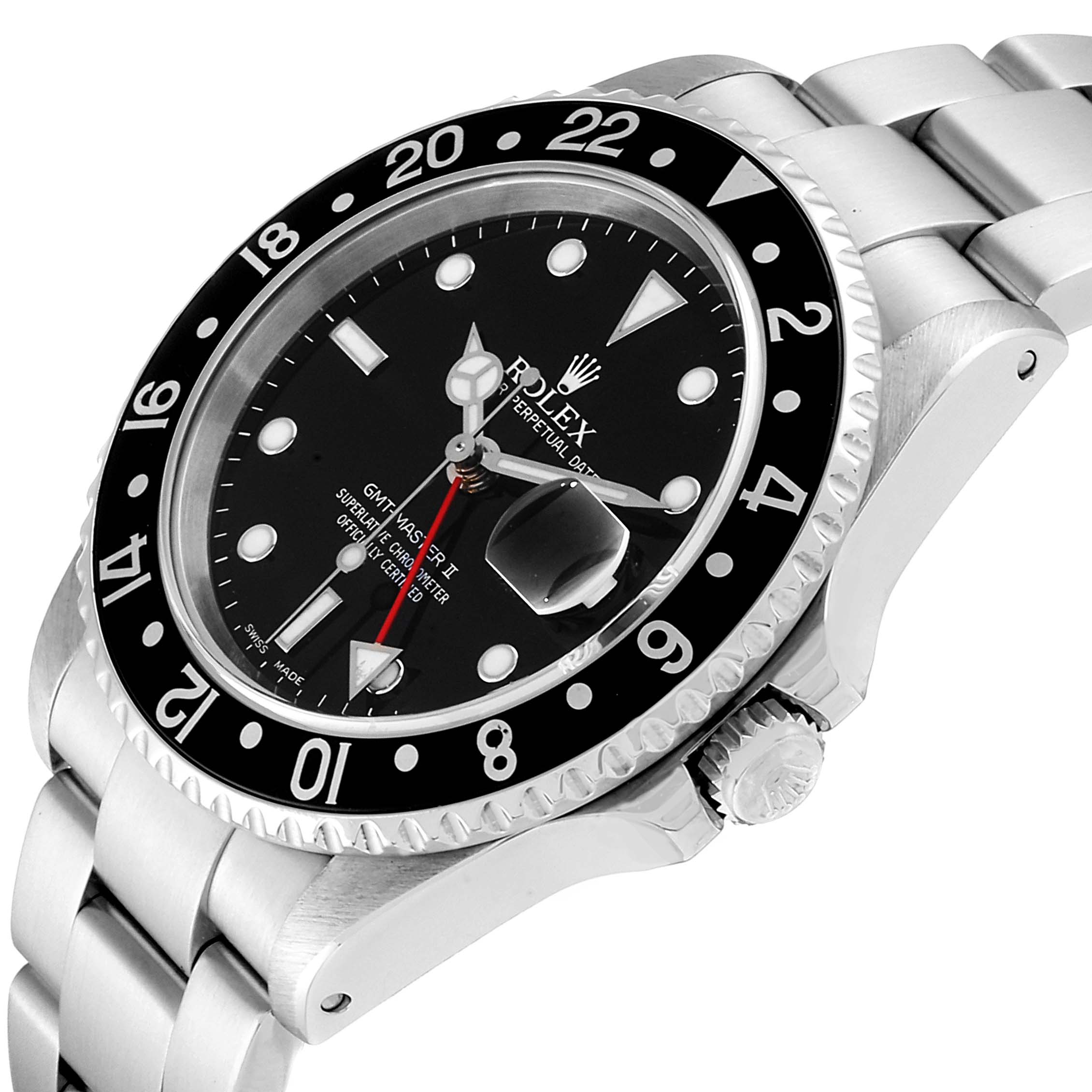 The image shows a Rolex GMT-Master 16710 Men's Stainless Steel Black Dial 16710 Men's Stainless Steel Black Dial II watch at a slight angle, highlighting its bezel, dial, crown, and bracelet.