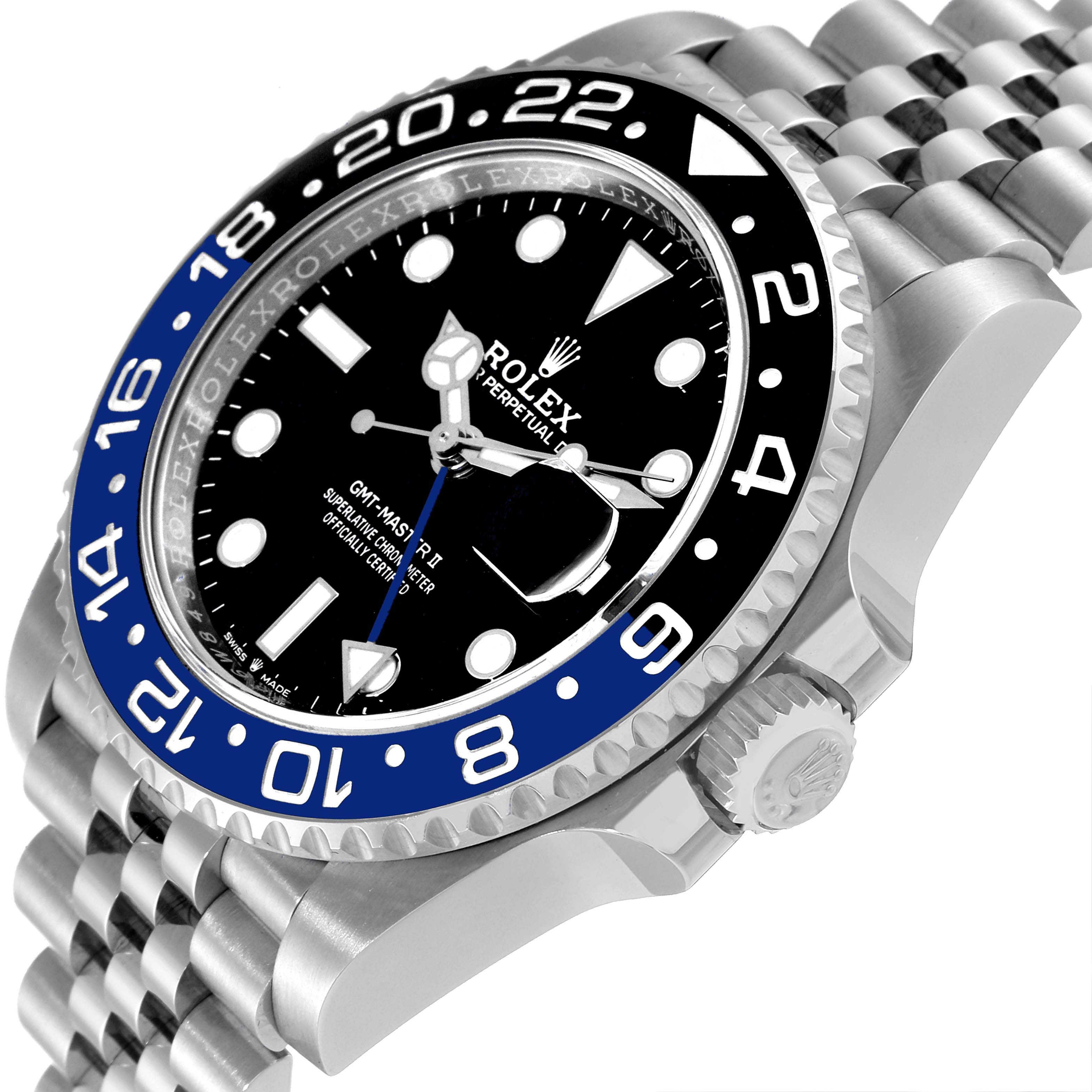 The image shows a Rolex GMT-Master 126710 Men
s Stainless Steel Black Dial 126710 Men
s Stainless Steel Black Dial watch at a tilted angle, highlighting the bezel, dial, crown, and part of the bracelet.