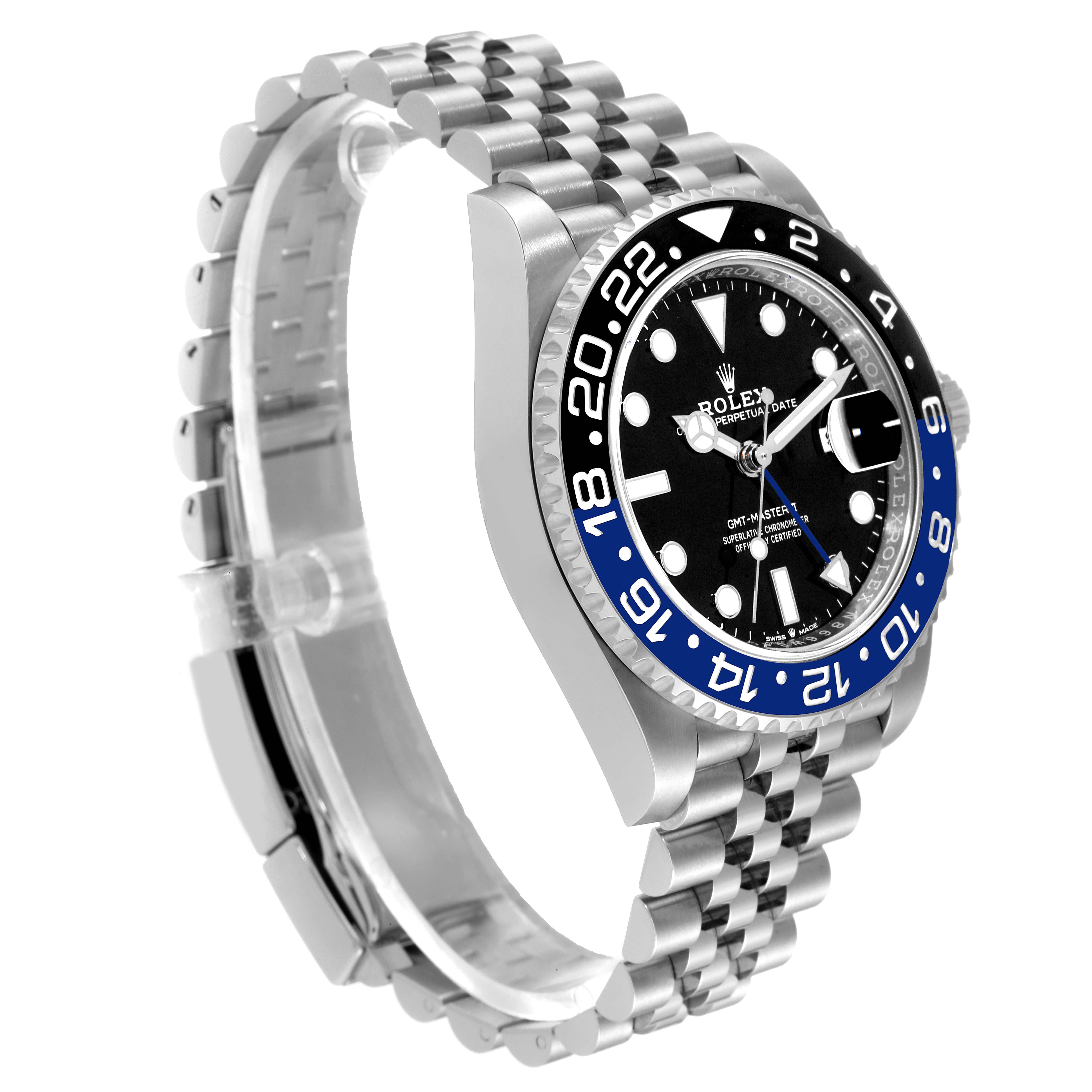 The Rolex GMT-Master 126710 Men
s Stainless Steel Black Dial 126710 Men
s Stainless Steel Black Dial watch is shown at an angle displaying the bezel, face, and part of the jubilee bracelet.