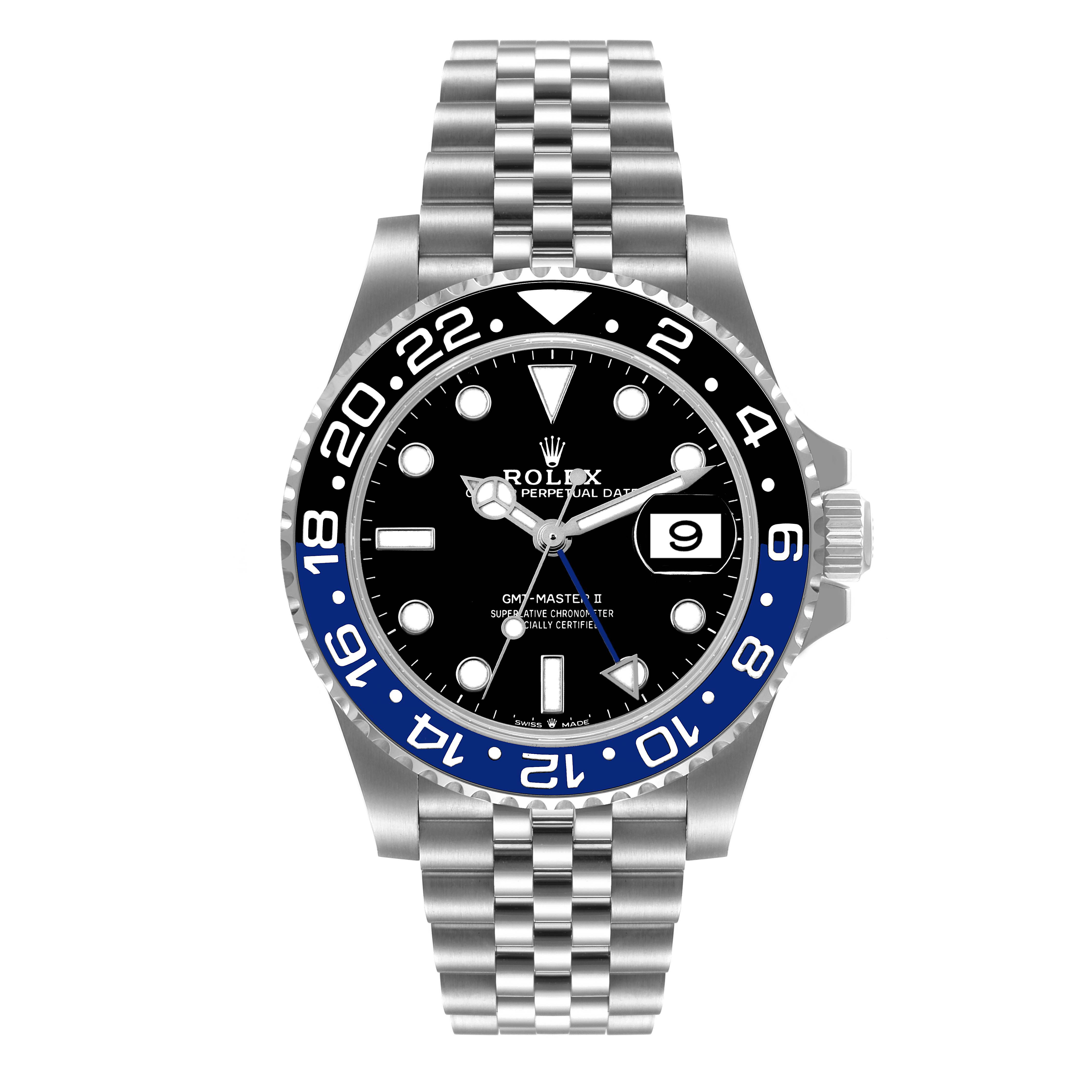This is a head-on view of a Rolex GMT-Master 126710 Men
s Stainless Steel Black Dial 126710 Men
s Stainless Steel Black Dial II watch showcasing the dial, bezel, and part of the bracelet.