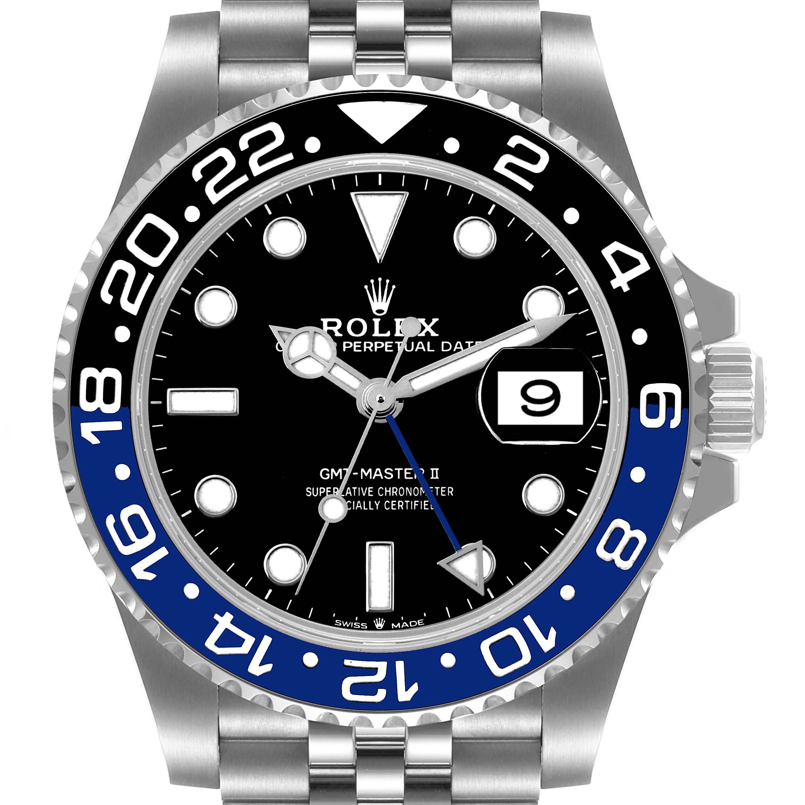 The image shows a frontal view of a Rolex GMT-Master 126710 Men
s Stainless Steel Black Dial 126710 Men
s Stainless Steel Black Dial II watch, highlighting its dial, bezel, and part of the bracelet.