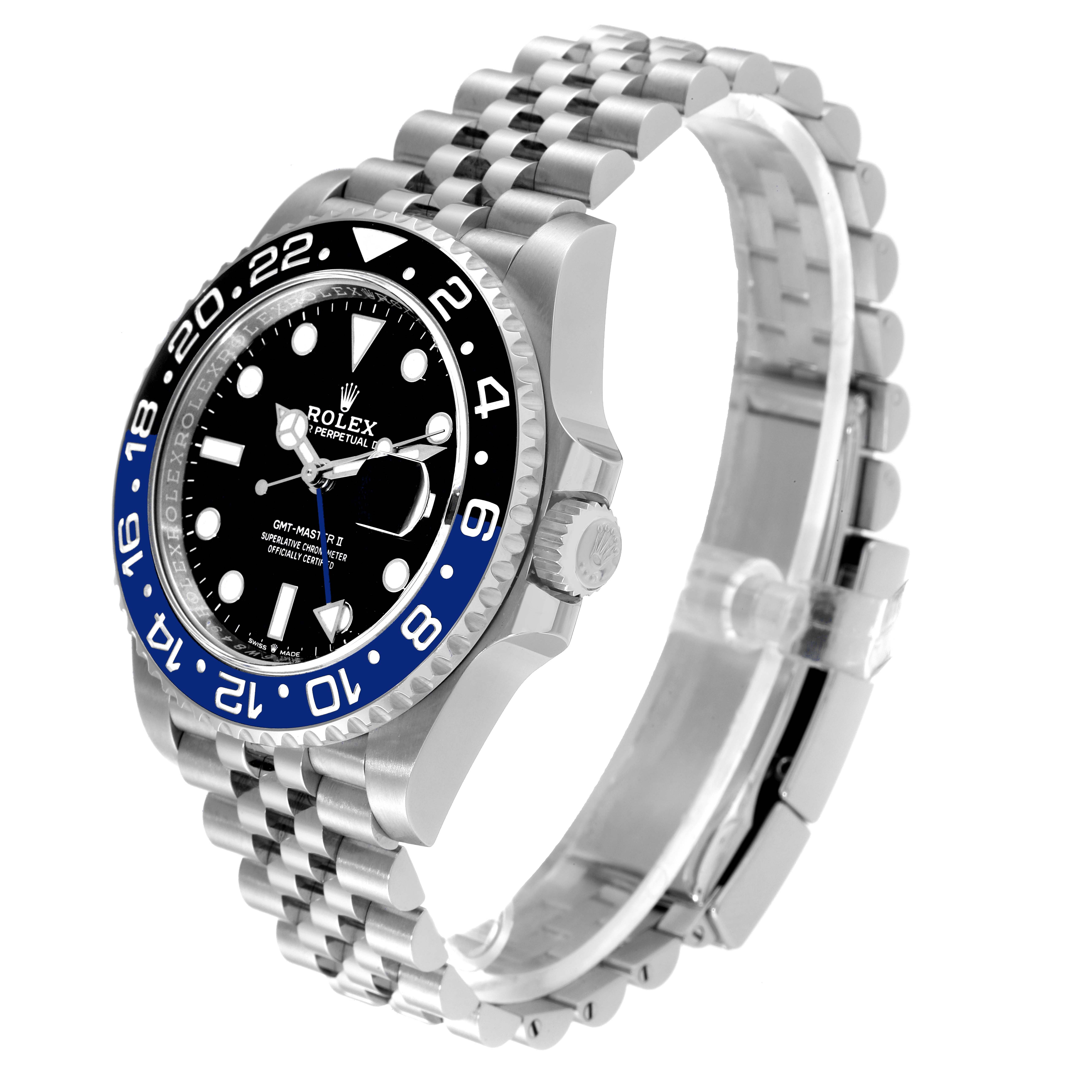 The image shows a side angle of a Rolex GMT-Master 126710 Men
s Stainless Steel Black Dial 126710 Men
s Stainless Steel Black Dial watch featuring the dial, bezel, crown, and part of the bracelet.