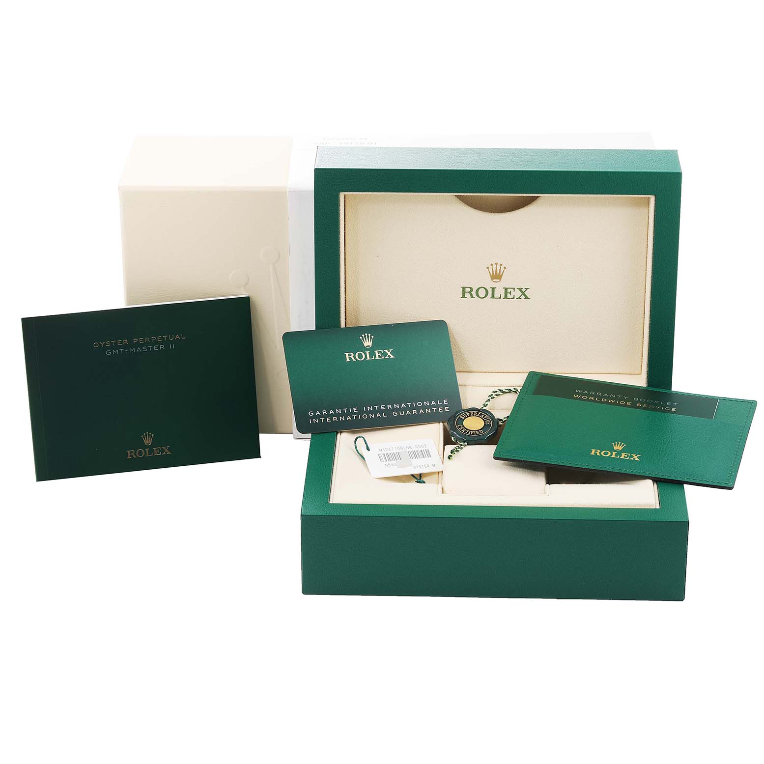 The image shows the packaging, warranty cards, and booklets for the Rolex GMT-Master 126710 Men
s Stainless Steel Black Dial 126710 Men
s Stainless Steel Black Dial watch.