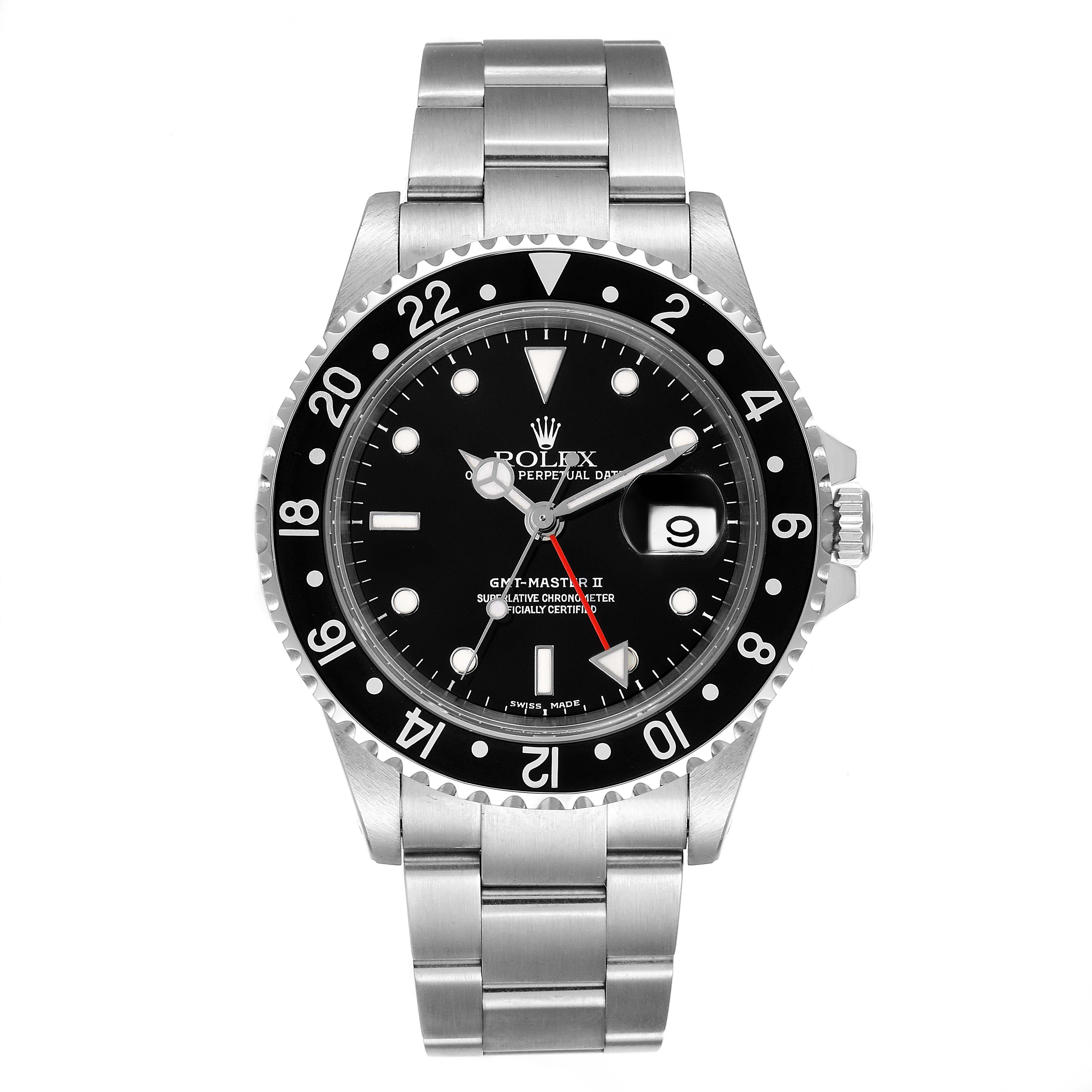 This image shows a front view of the Rolex GMT-Master 16710 Men
s Stainless Steel Black Dial 16710 Men
s Stainless Steel Black Dial II watch, displaying the face, bezel, case, and part of the bracelet.