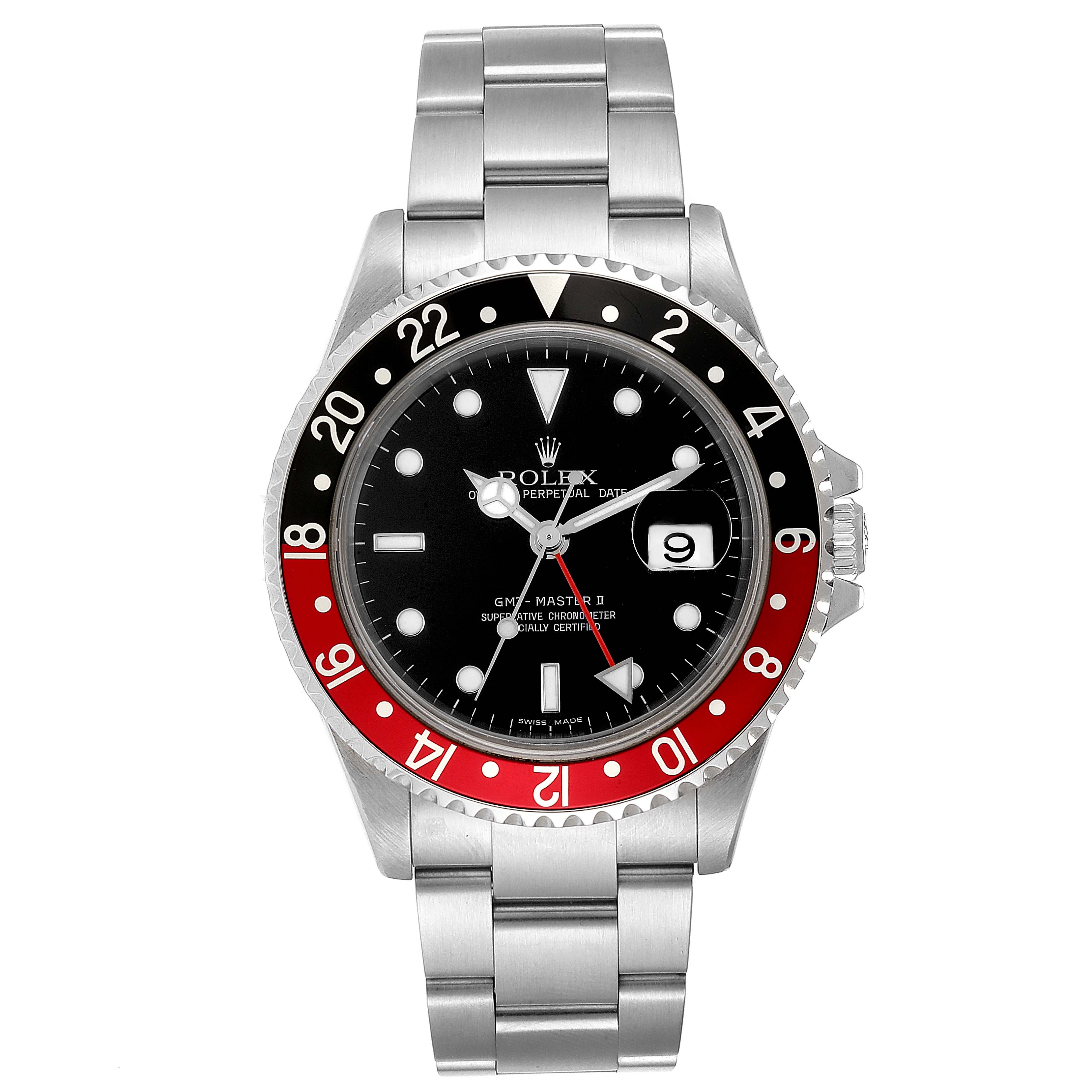 The image shows a front view of a Rolex GMT-Master 16710 Men's Stainless Steel Black Dial 16710 Men's Stainless Steel Black Dial watch, highlighting the bezel, dial, and bracelet.