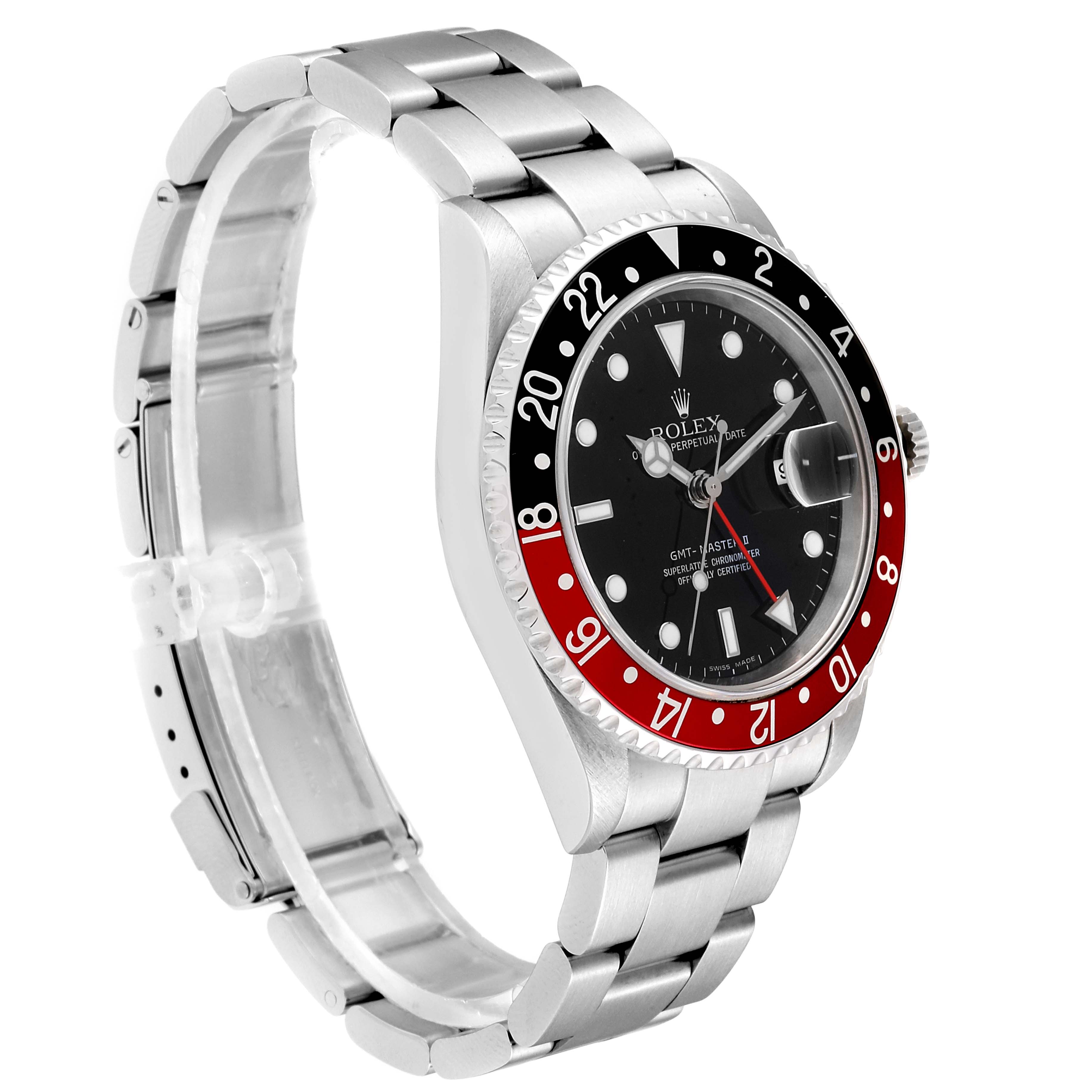 The Rolex GMT-Master 16710 Men's Stainless Steel Black Dial 16710 Men's Stainless Steel Black Dial watch is shown at an angle highlighting its dial, bezel, and bracelet.