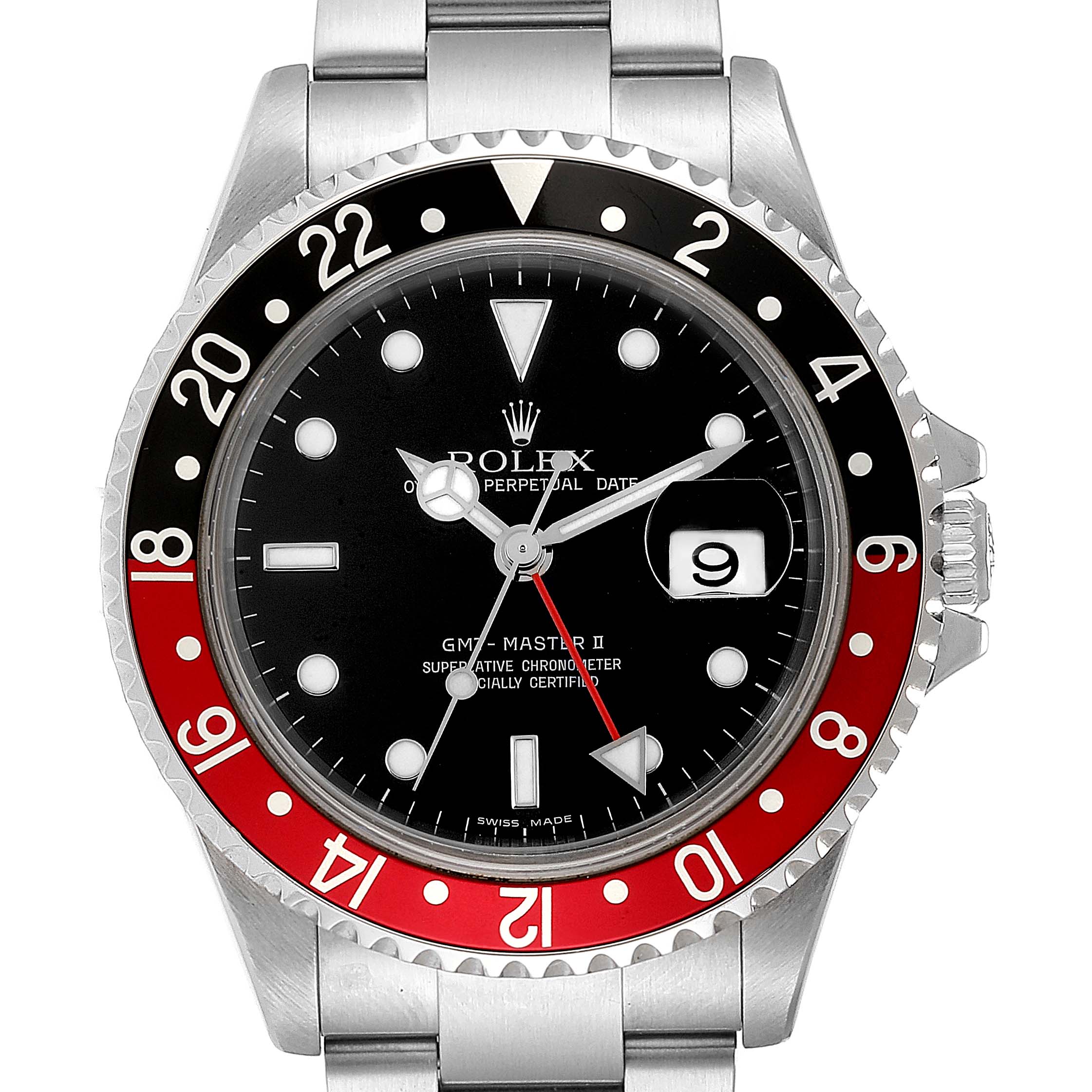 The image shows a front view of the Rolex GMT-Master 16710 Men's Stainless Steel Black Dial 16710 Men's Stainless Steel Black Dial II watch, highlighting the bezel, dial, hands, and bracelet.