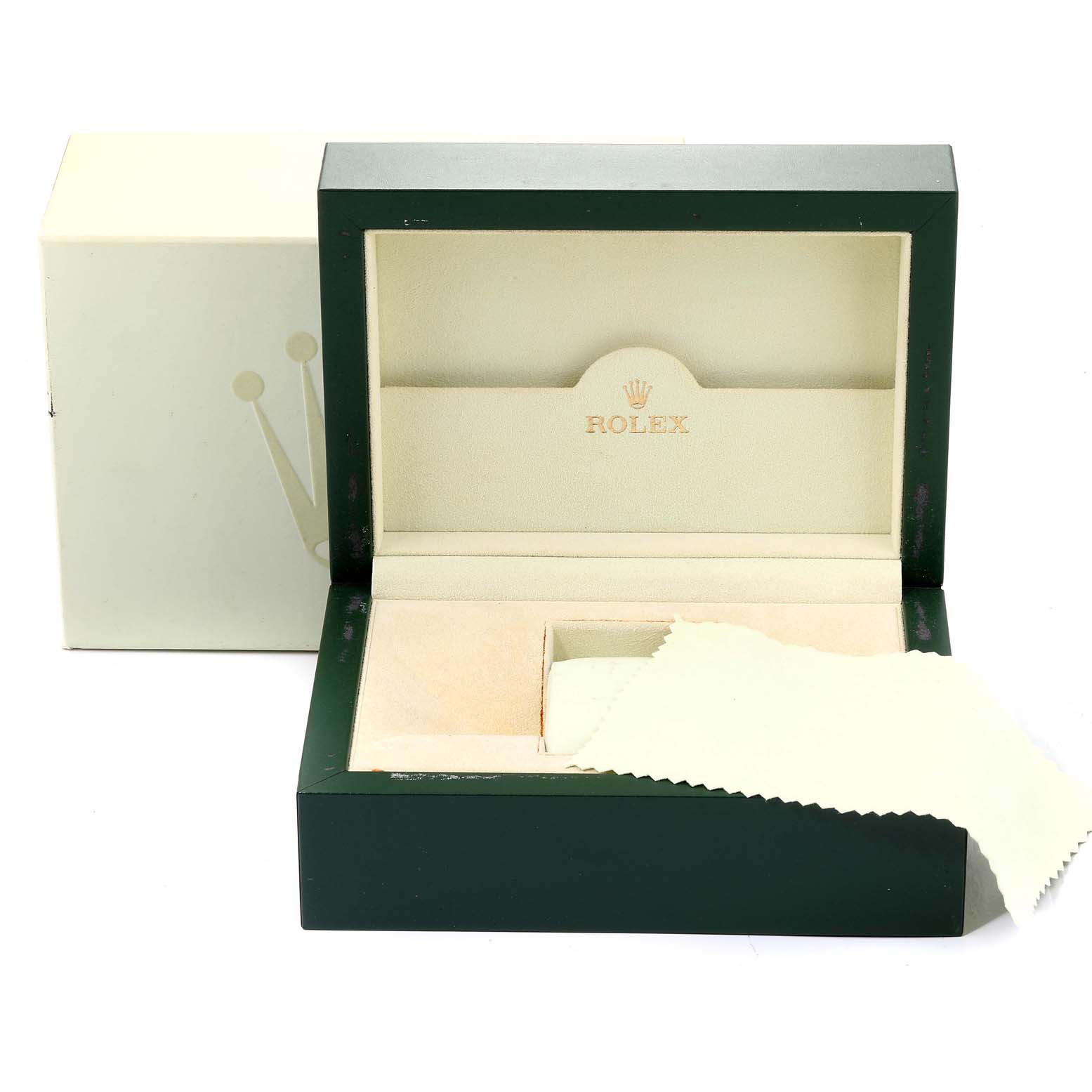 The image shows an open Rolex GMT-Master 16710 Men's Stainless Steel Black Dial 16710 Men's Stainless Steel Black Dial model box with a cleaning cloth and an outer shell box.