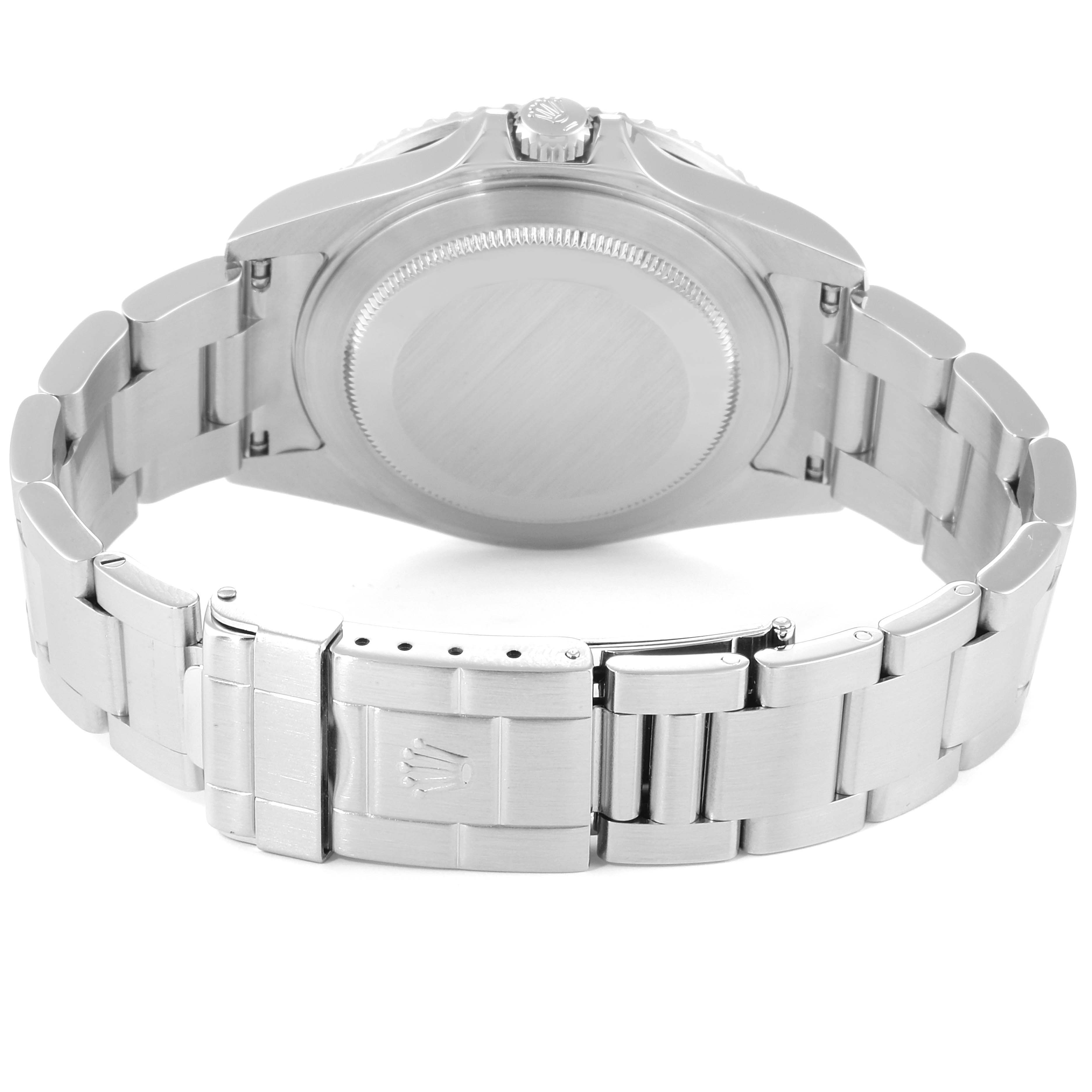 This image shows the back of a Rolex GMT-Master 16710 Men's Stainless Steel Black Dial 16710 Men's Stainless Steel Black Dial watch, focusing on the case back and the bracelet clasp.