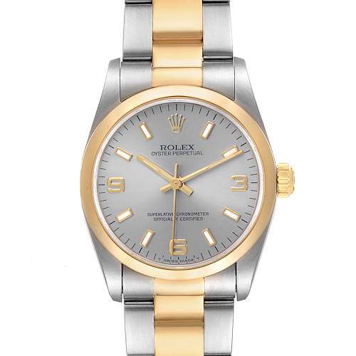 The Rolex Oyster Perpetual 67483 Women's Steel and Gold (two tone) Grey Dial watch is shown from the front, displaying its two-tone bracelet and gold bezel.