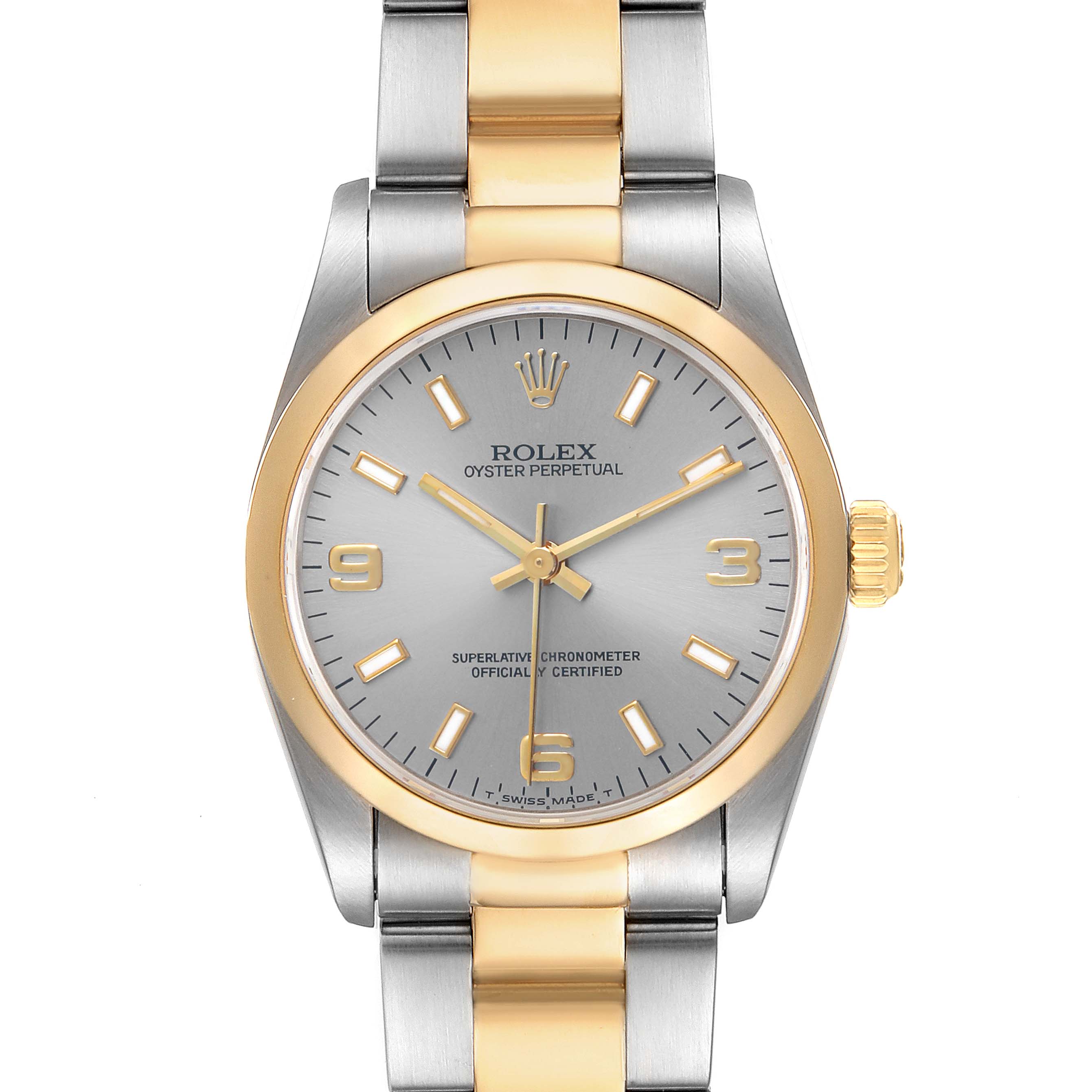 The Rolex Oyster Perpetual 67483 Women's Steel and Gold (two tone) Grey Dial watch is shown from a frontal angle, highlighting the dial, bezel, and bracelet.