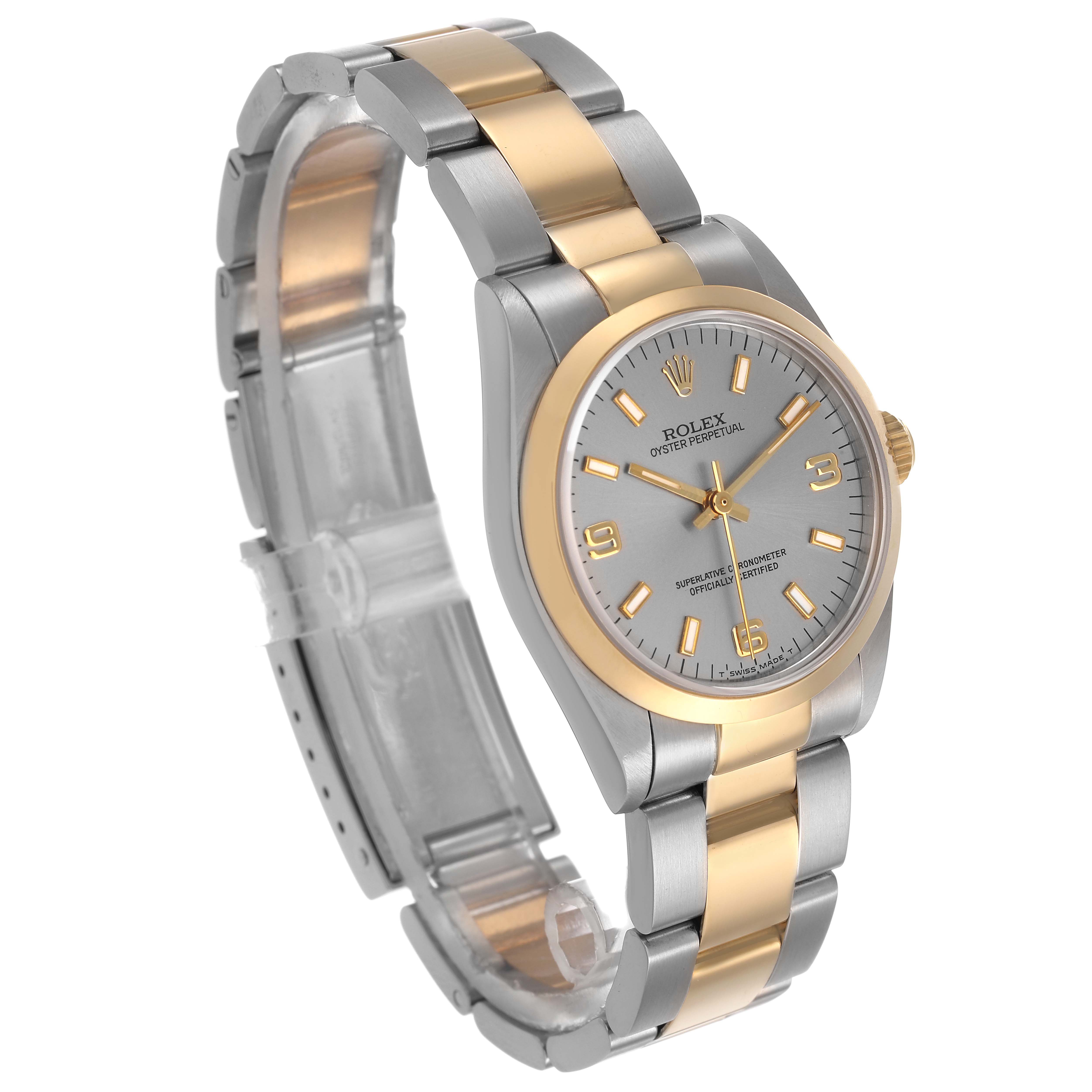 The Rolex Oyster Perpetual 67483 Women's Steel and Gold (two tone) Grey Dial watch is shown at a three-quarter angle, displaying the face, bezel, and bracelet clearly.