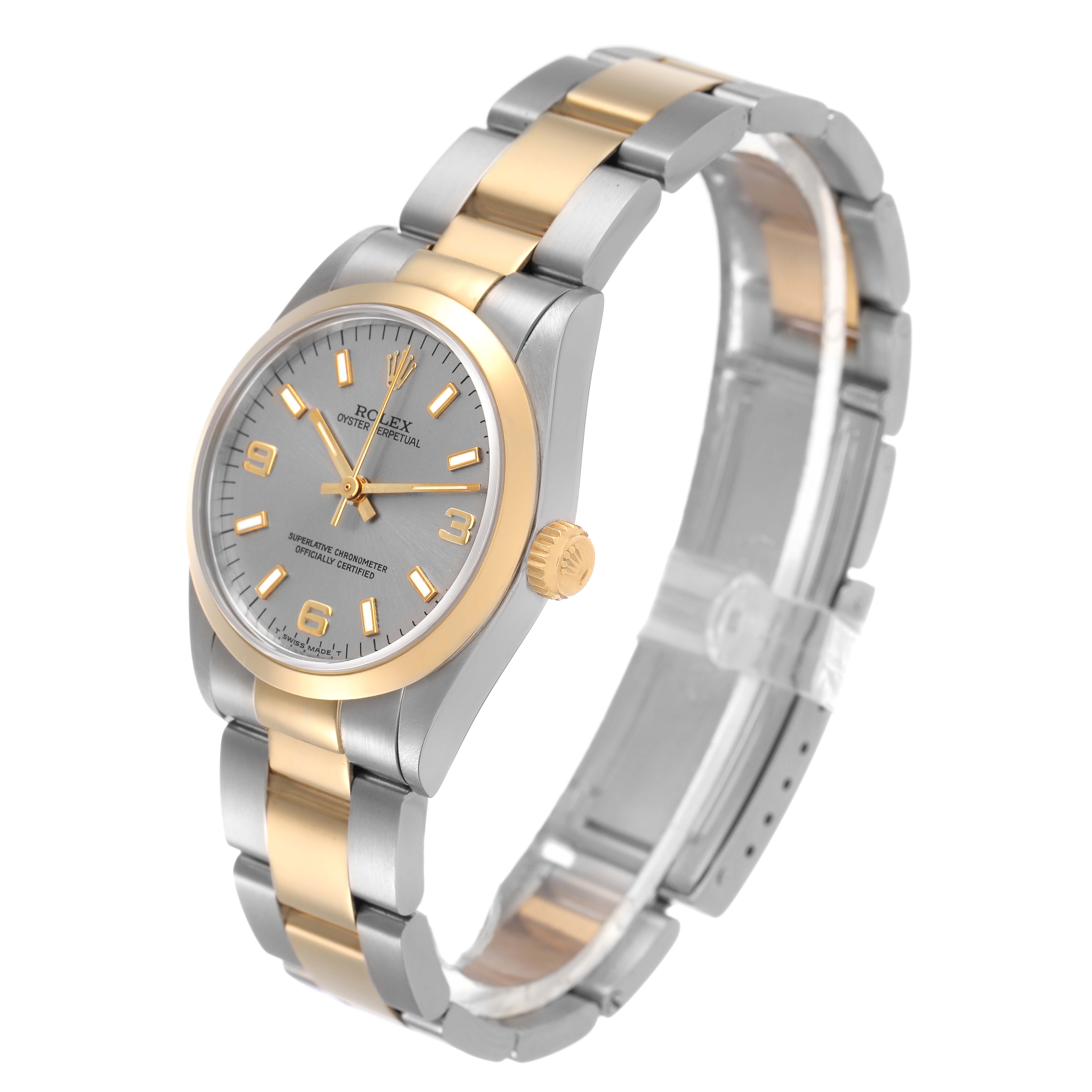 The Rolex Oyster Perpetual 67483 Women's Steel and Gold (two tone) Grey Dial watch is shown at a slight angle, displaying the face, bezel, and bracelet.