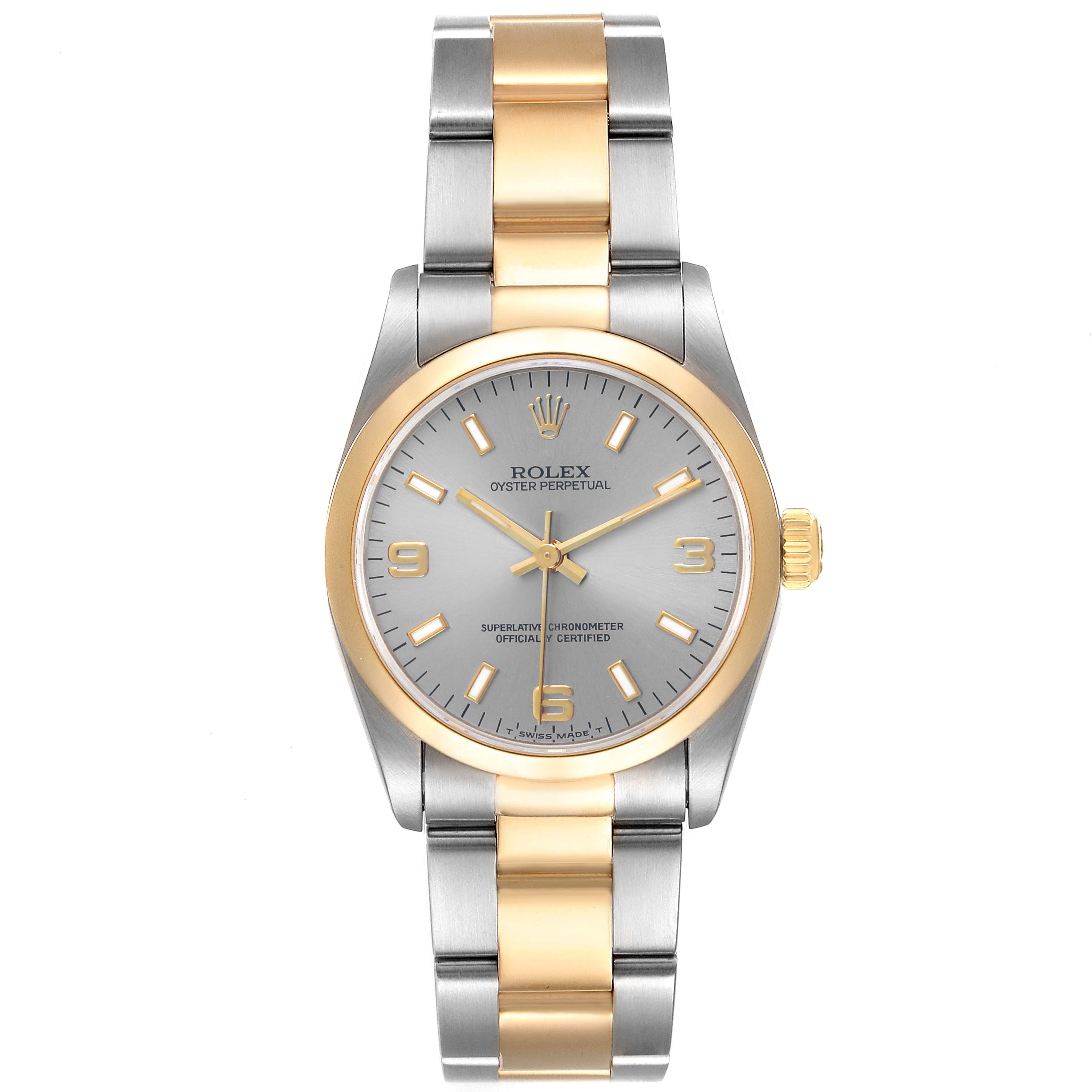The Rolex Oyster Perpetual 67483 Women's Steel and Gold (two tone) Grey Dial watch is shown from a front angle, displaying its dial, bezel, and two-tone bracelet.