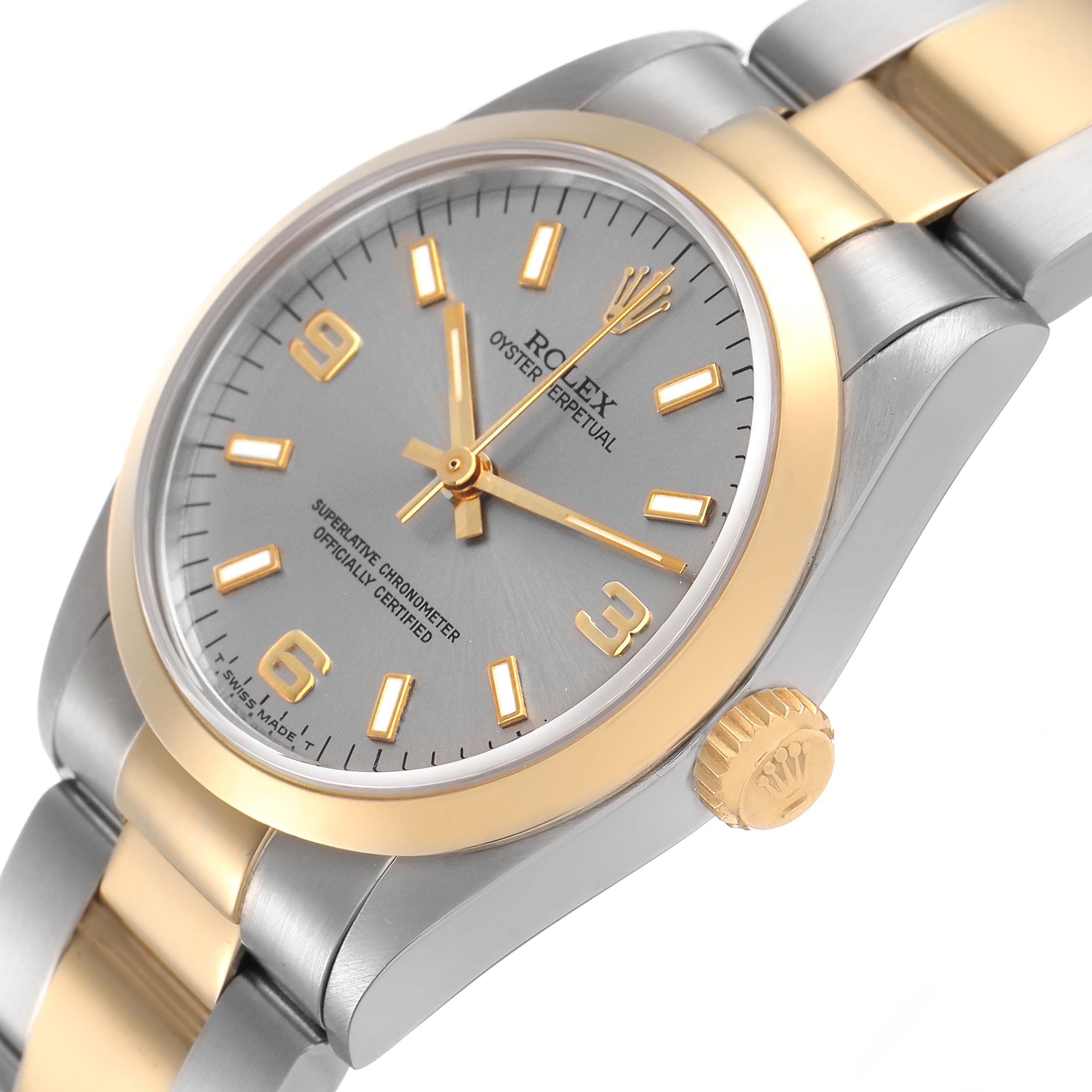 The Rolex Oyster Perpetual 67483 Women's Steel and Gold (two tone) Grey Dial watch is shown at a slight angle, highlighting the dial, crown, and part of the bracelet.