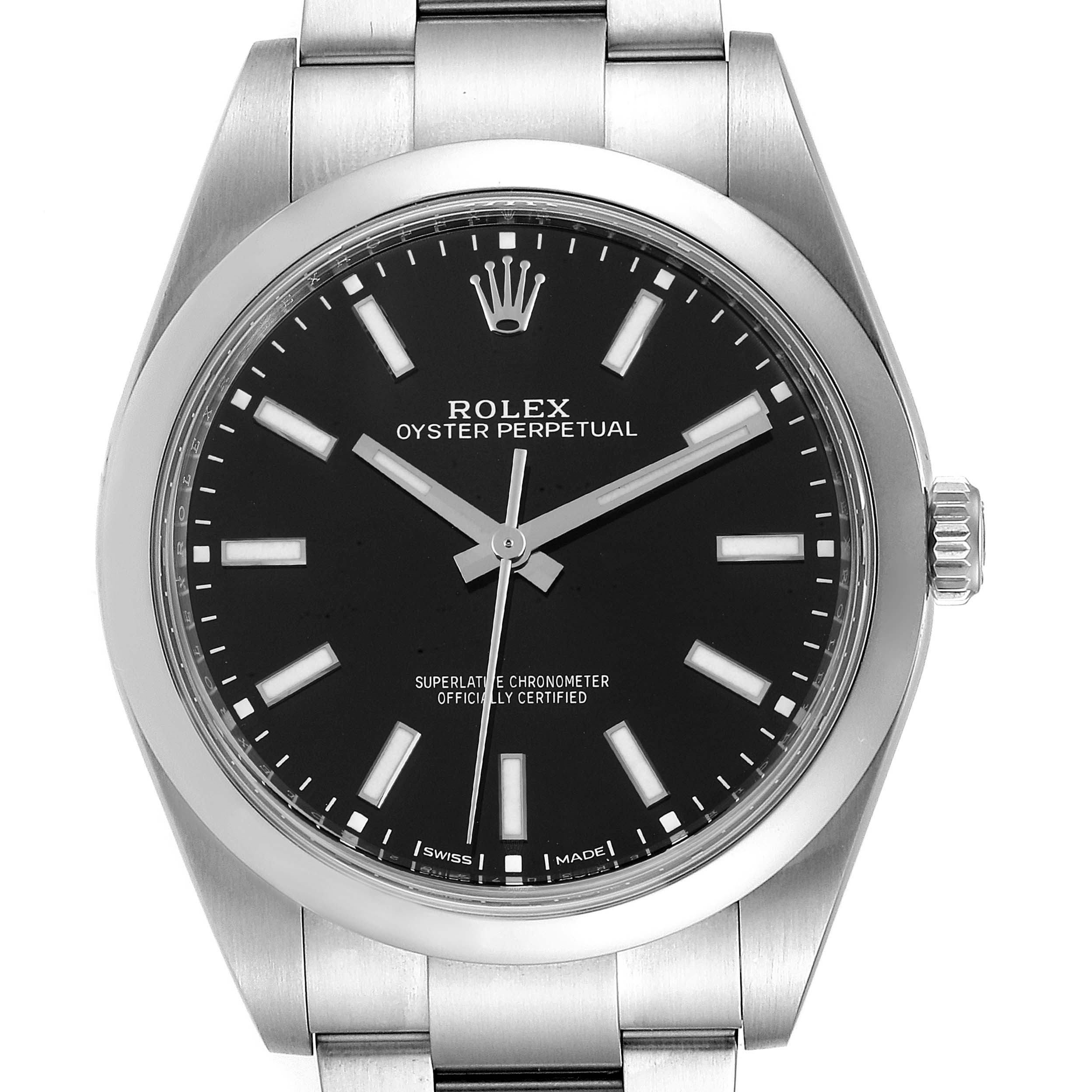 The image shows a front view of a Rolex Oyster Perpetual 114300 Men's Stainless Steel Black Dial 114300 Men's Stainless Steel Black Dial watch, highlighting the dial, bezel, and part of the bracelet.