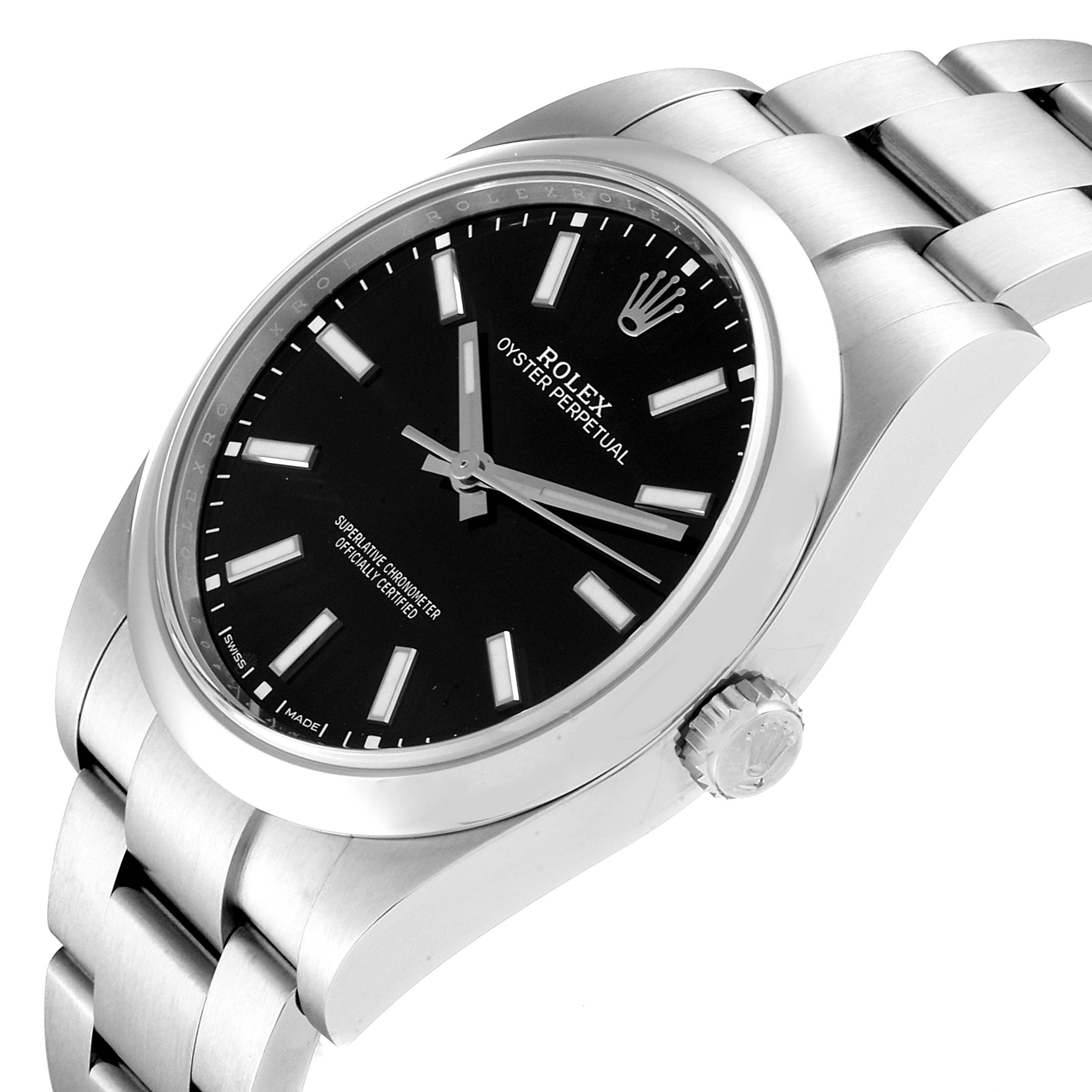 The image shows a Rolex Oyster Perpetual 114300 Men's Stainless Steel Black Dial 114300 Men's Stainless Steel Black Dial watch from an oblique angle, highlighting the watch face, crown, and bracelet.