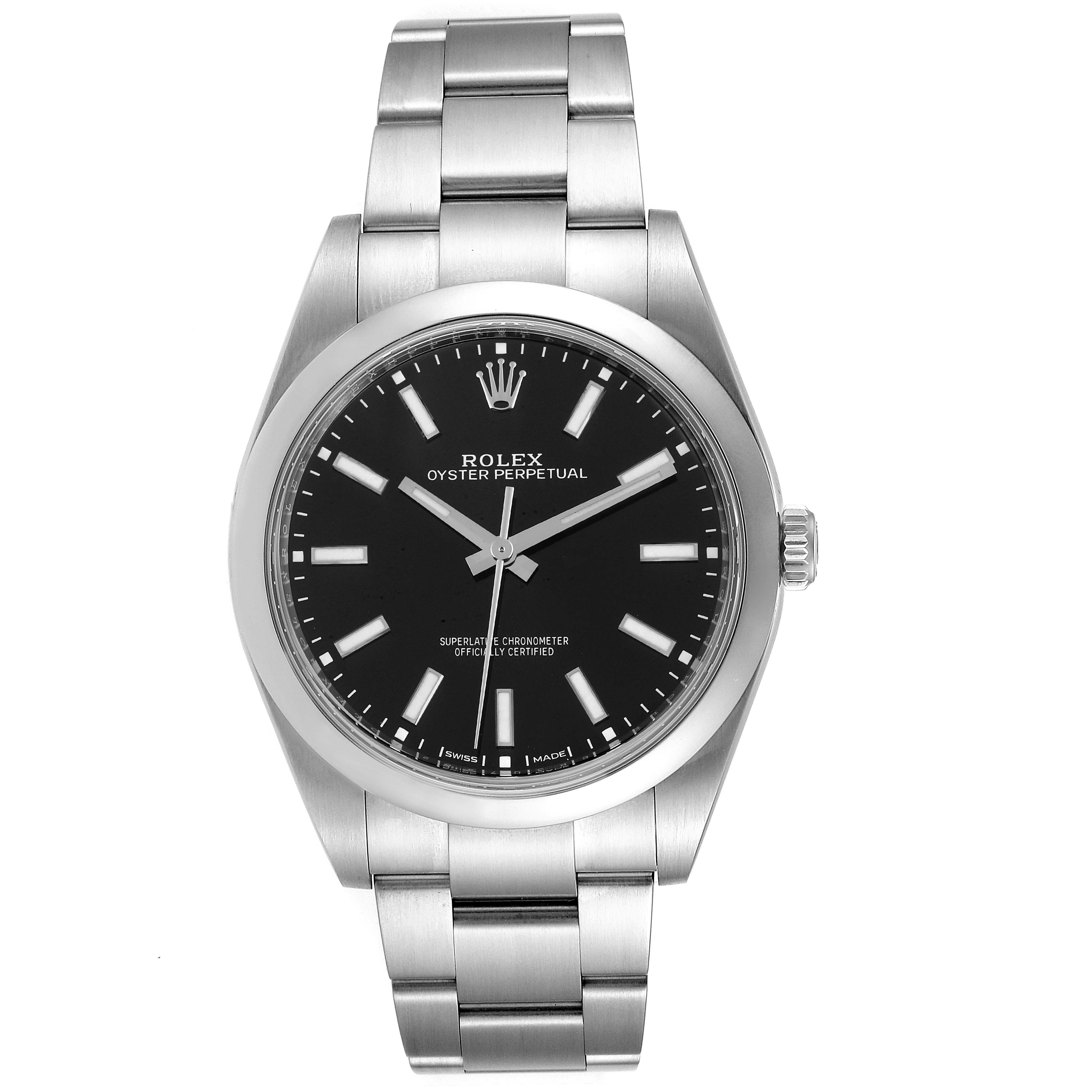 This image shows a front view of the Rolex Oyster Perpetual 114300 Men's Stainless Steel Black Dial 114300 Men's Stainless Steel Black Dial watch, displaying the dial, bezel, and bracelet.